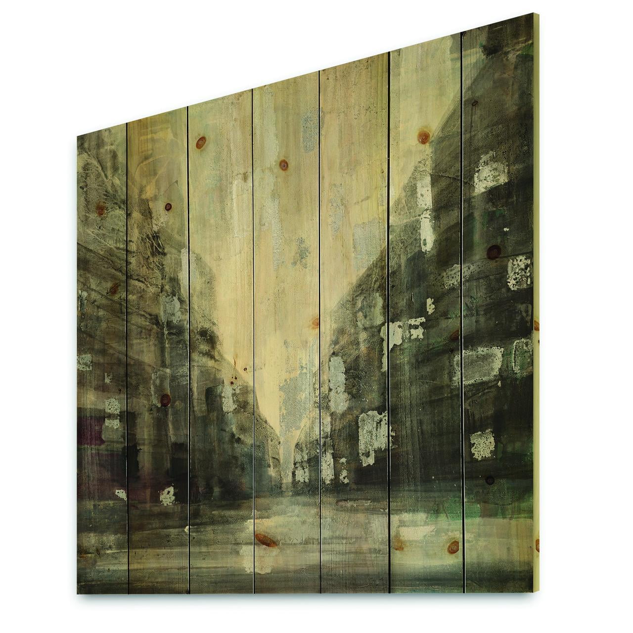 Designart 'Black and White Handpainted Cityscape' Traditional Print on Natural Pine Wood