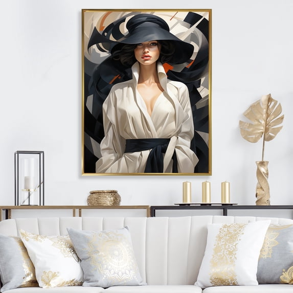 Designart "Black and White Haute Couture Woman I" Fashion Framed Wall Art - Glam Black Fashion Illustration Hallway Framed Wall Art Decor