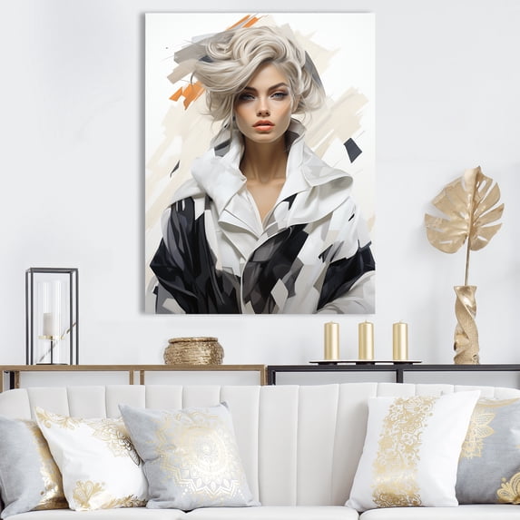 Designart "Black and White Haute Couture Woman II" Fashion Canvas Wall Art - Glam Black Fashion Illustration Entryway Wall Art Print