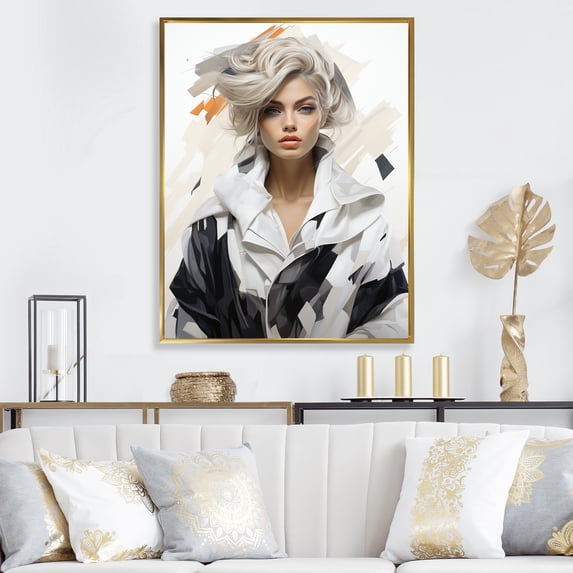 Designart "Black and White Haute Couture Woman II" Fashion Framed Wall Art - Glam Black Fashion Illustration Living Room Framed Canvas Art