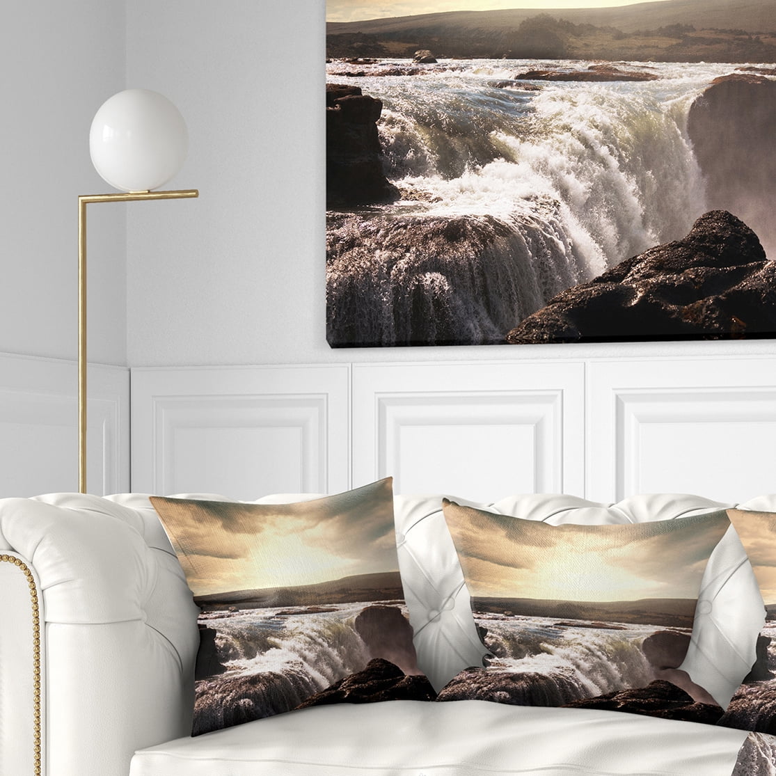 Designart Black and White Iceland Waterfalls - Landscape Printed Throw Pillow - 16x16