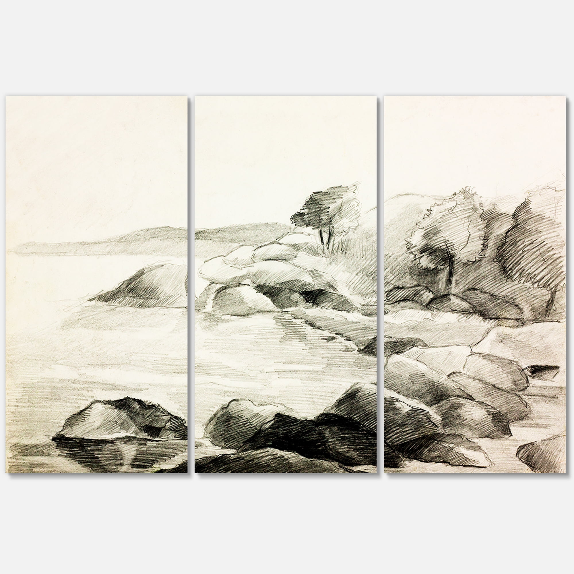 Designart ' Black and White Lake Shore ' Nautical & Coastal Canvas Wall Art Print