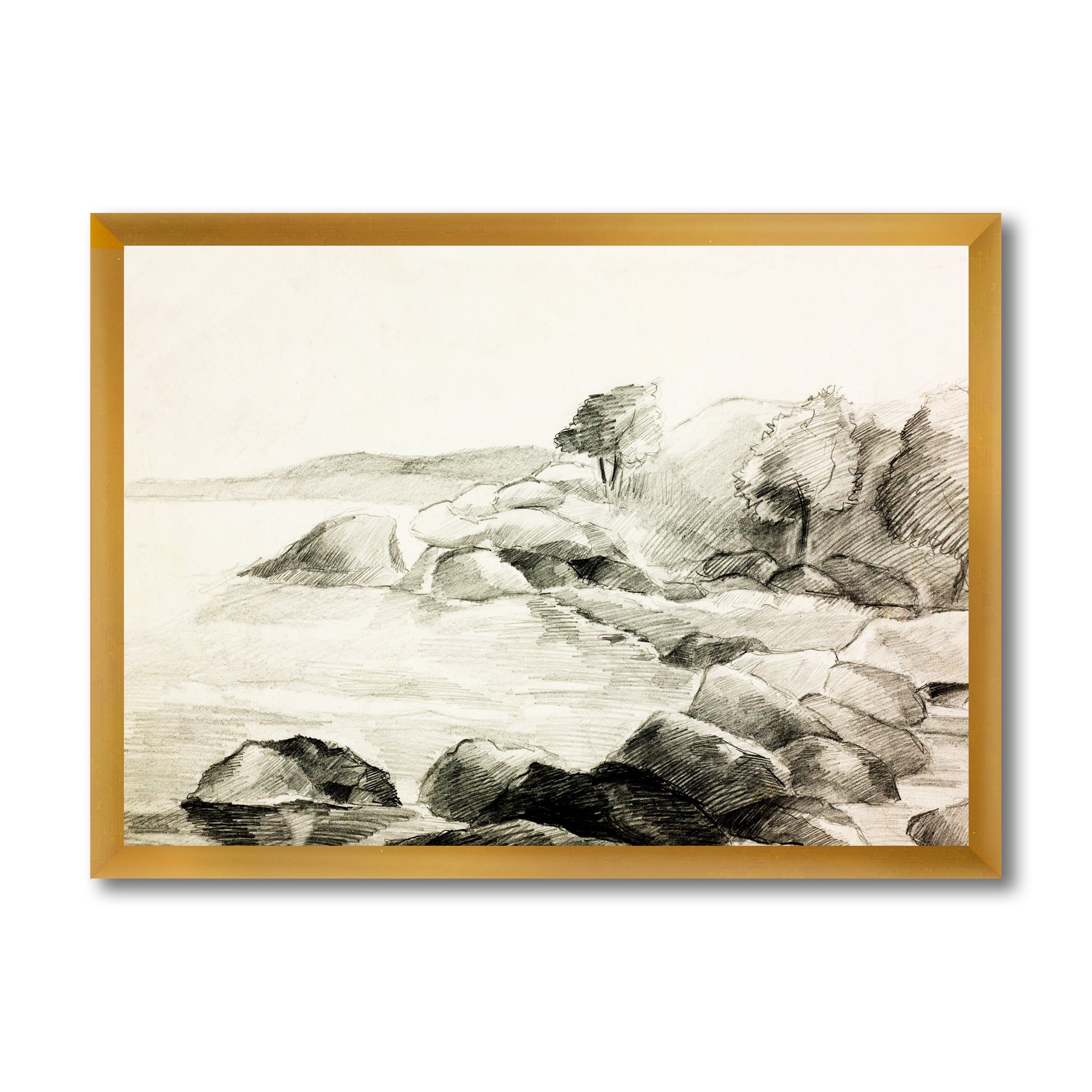Designart 'Black and White Lake Shore' Nautical & Coastal Framed Art Print