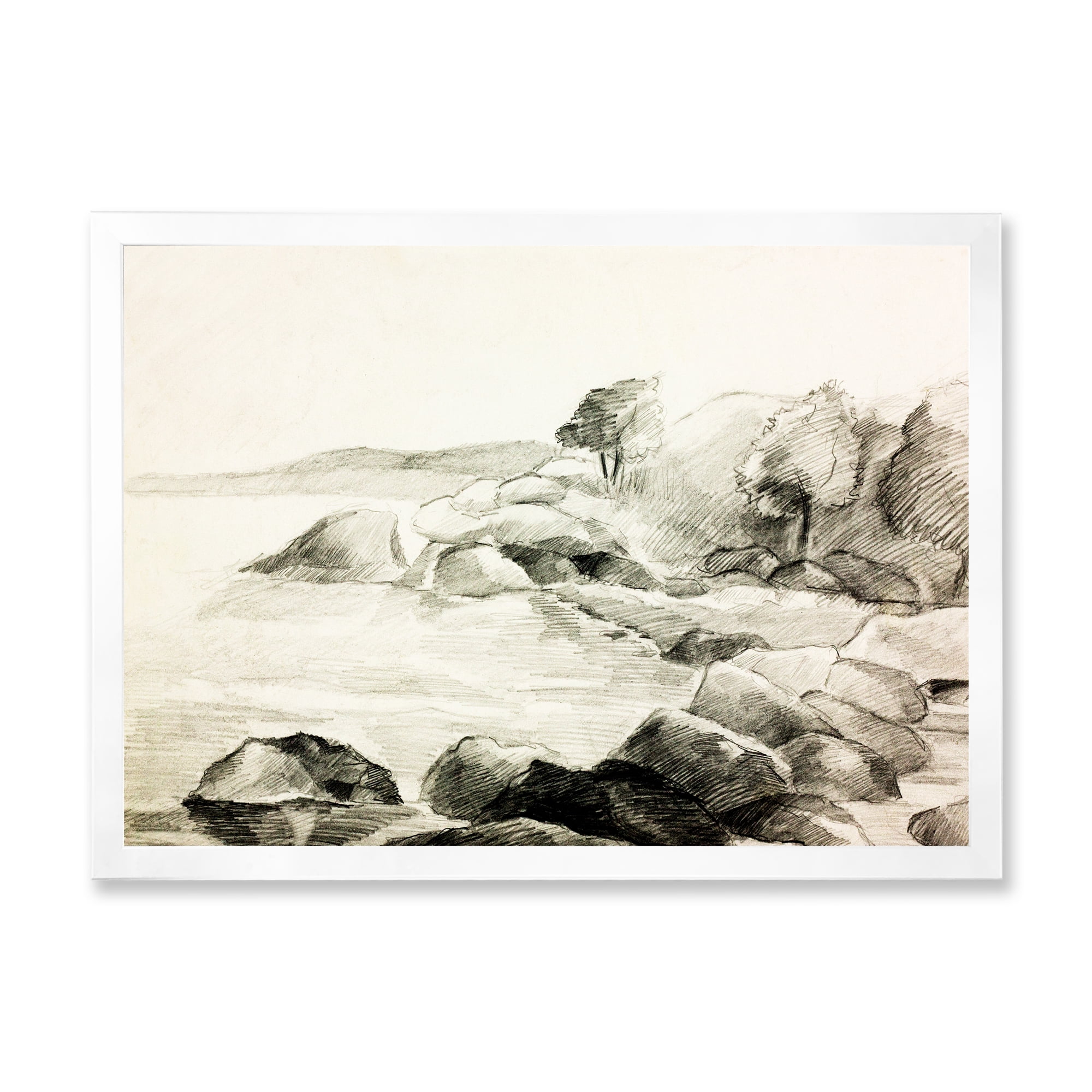 Designart 'Black and White Lake Shore' Nautical & Coastal Framed Art Print