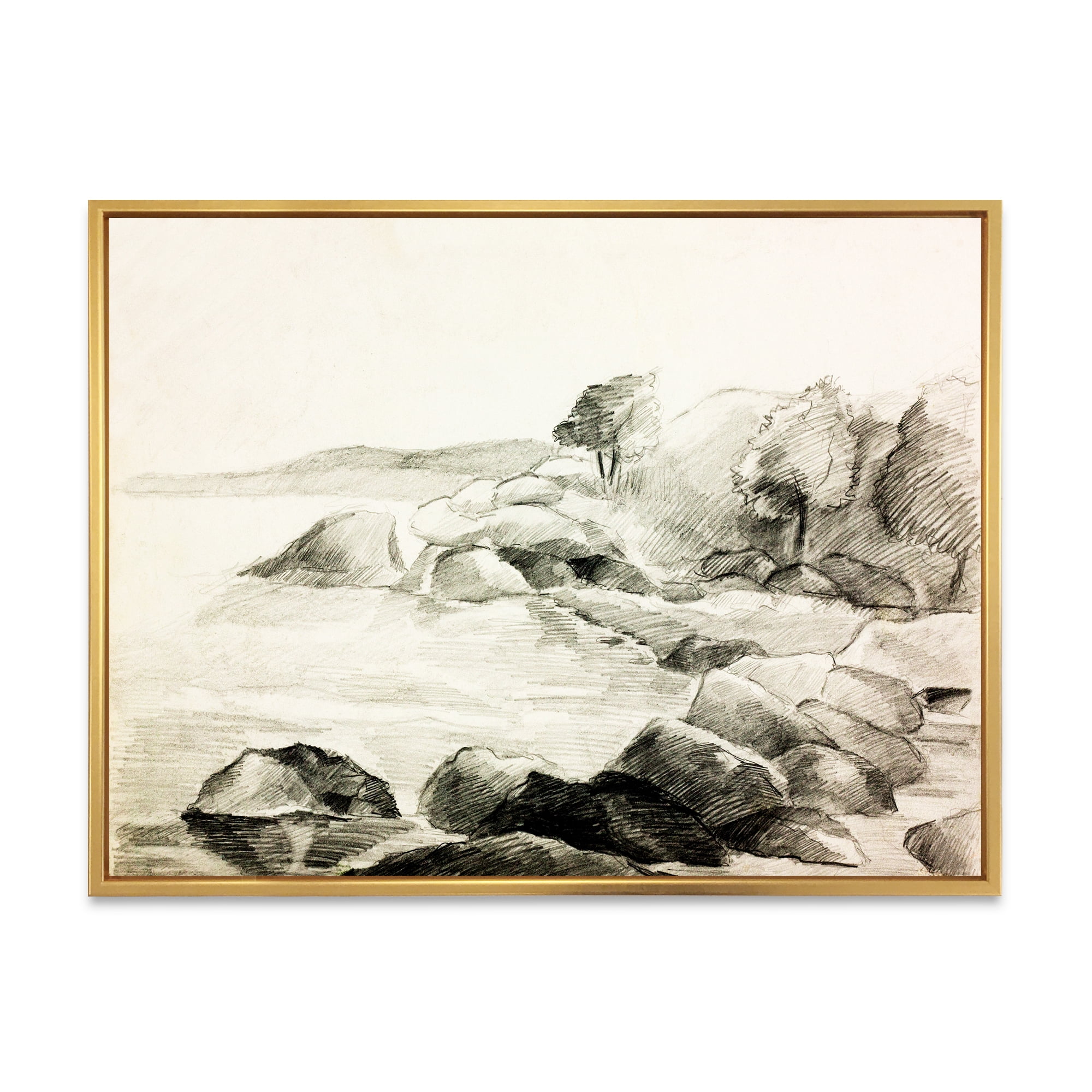 Designart 'Black and White Lake Shore' Nautical & Coastal Framed Canvas Wall Art Print
