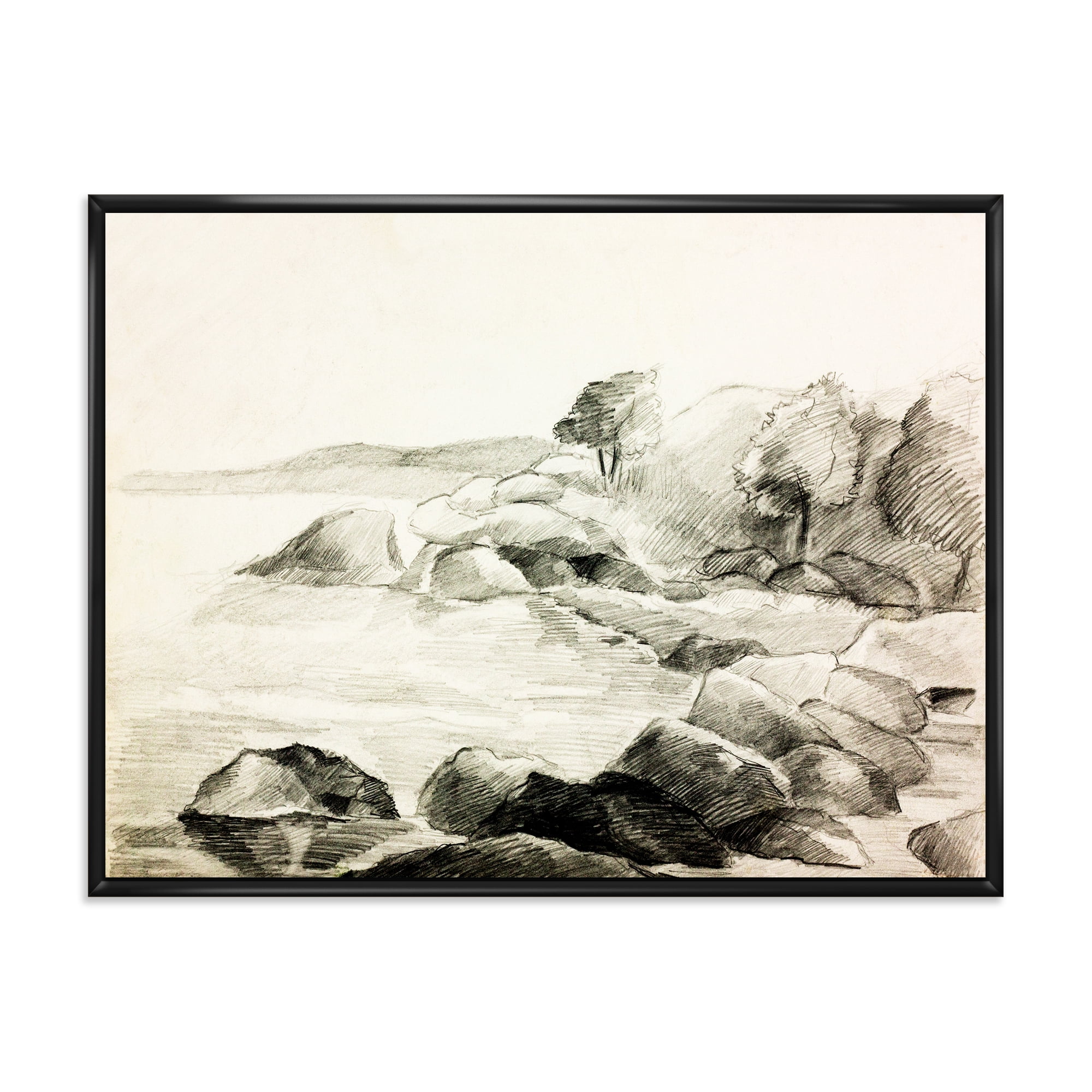 Designart 'Black and White Lake Shore' Nautical & Coastal Framed Canvas Wall Art Print
