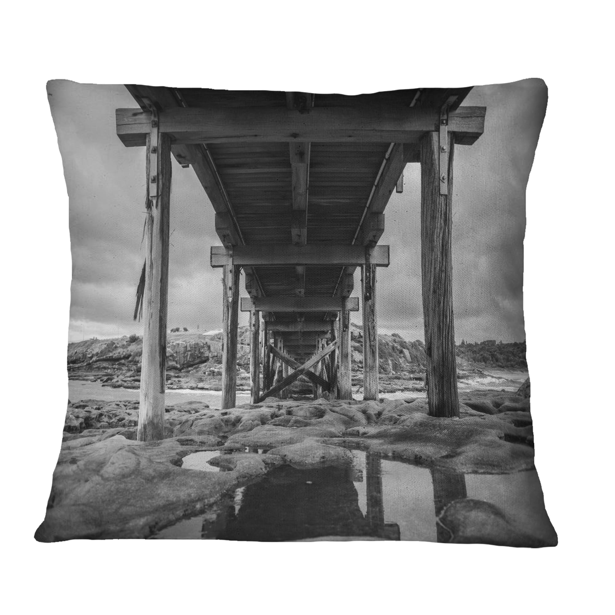 Designart Black and White Large Wooden Bridge - Sea Bridge Throw Pillow - 12x20
