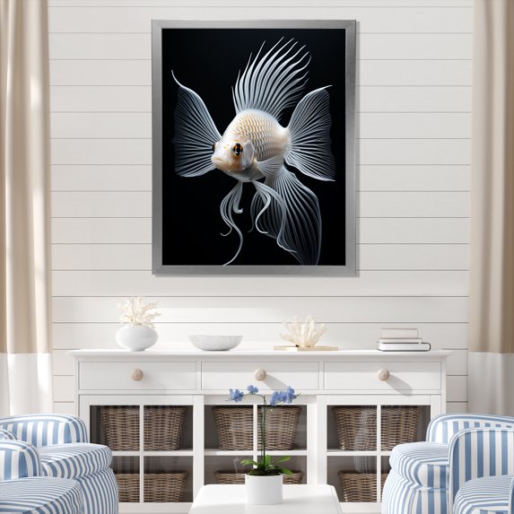 Designart "Black and White Minimalist Butterfly Fish II" Animals Framed Wall Art - Modern White Butterfly Fish Bedroom Framed Canvas Wall Art