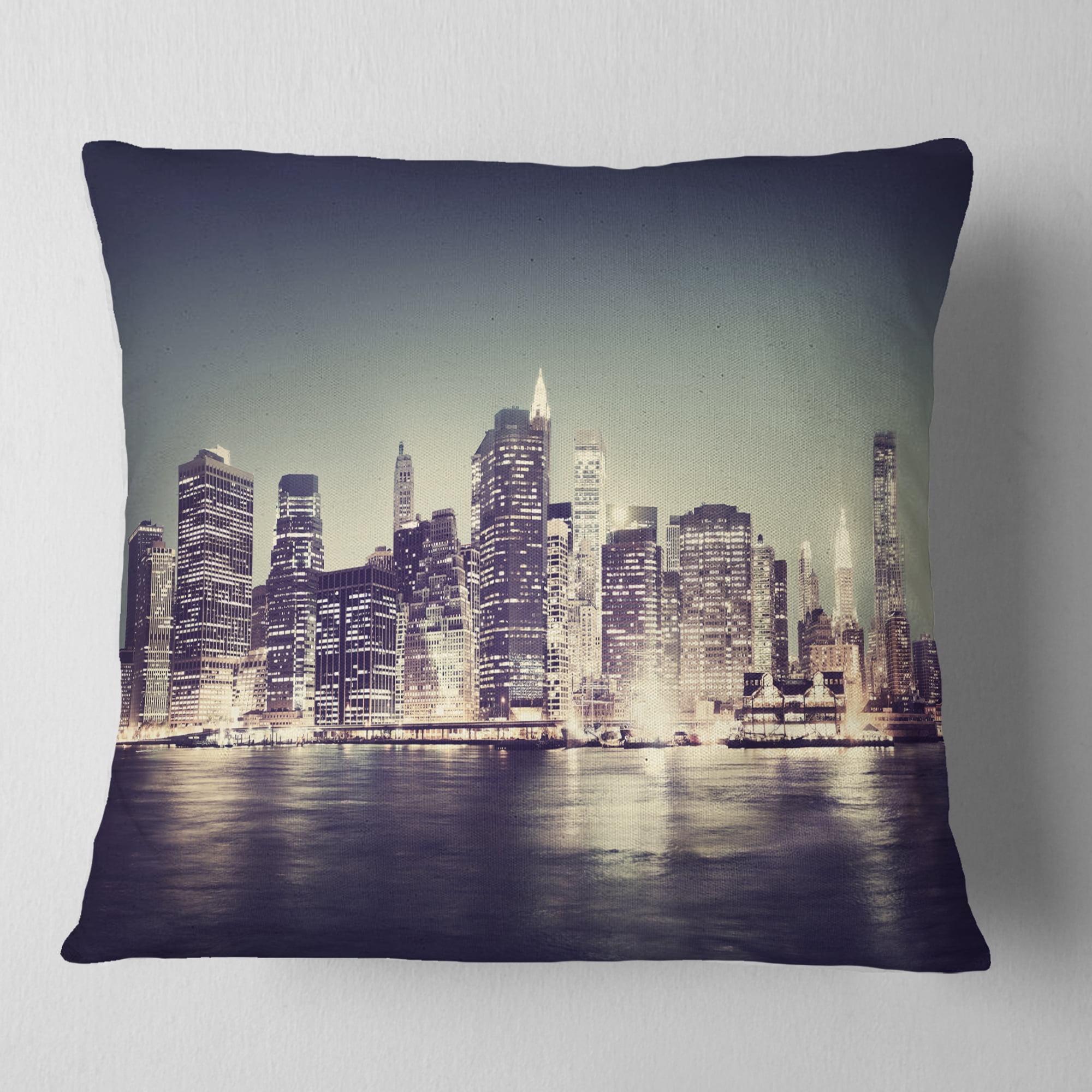Designart Black and White NYC Night Panorama - Throw Pillow - 16x16