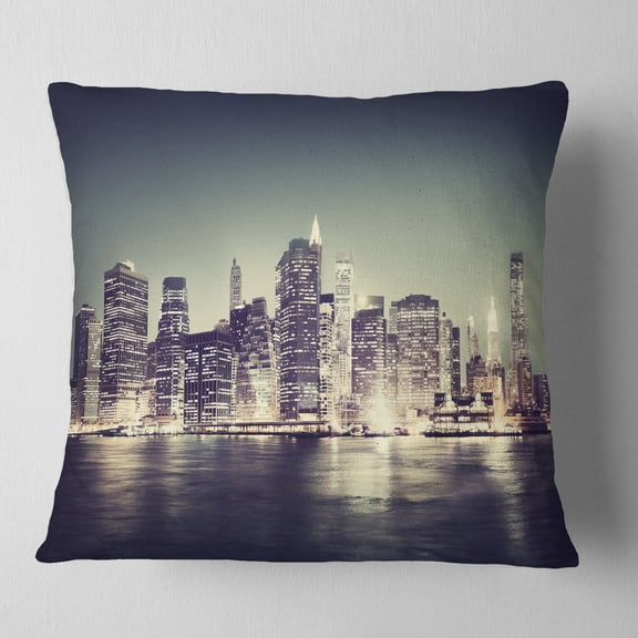 Designart Black and White NYC Night Panorama - Throw Pillow - 18x18