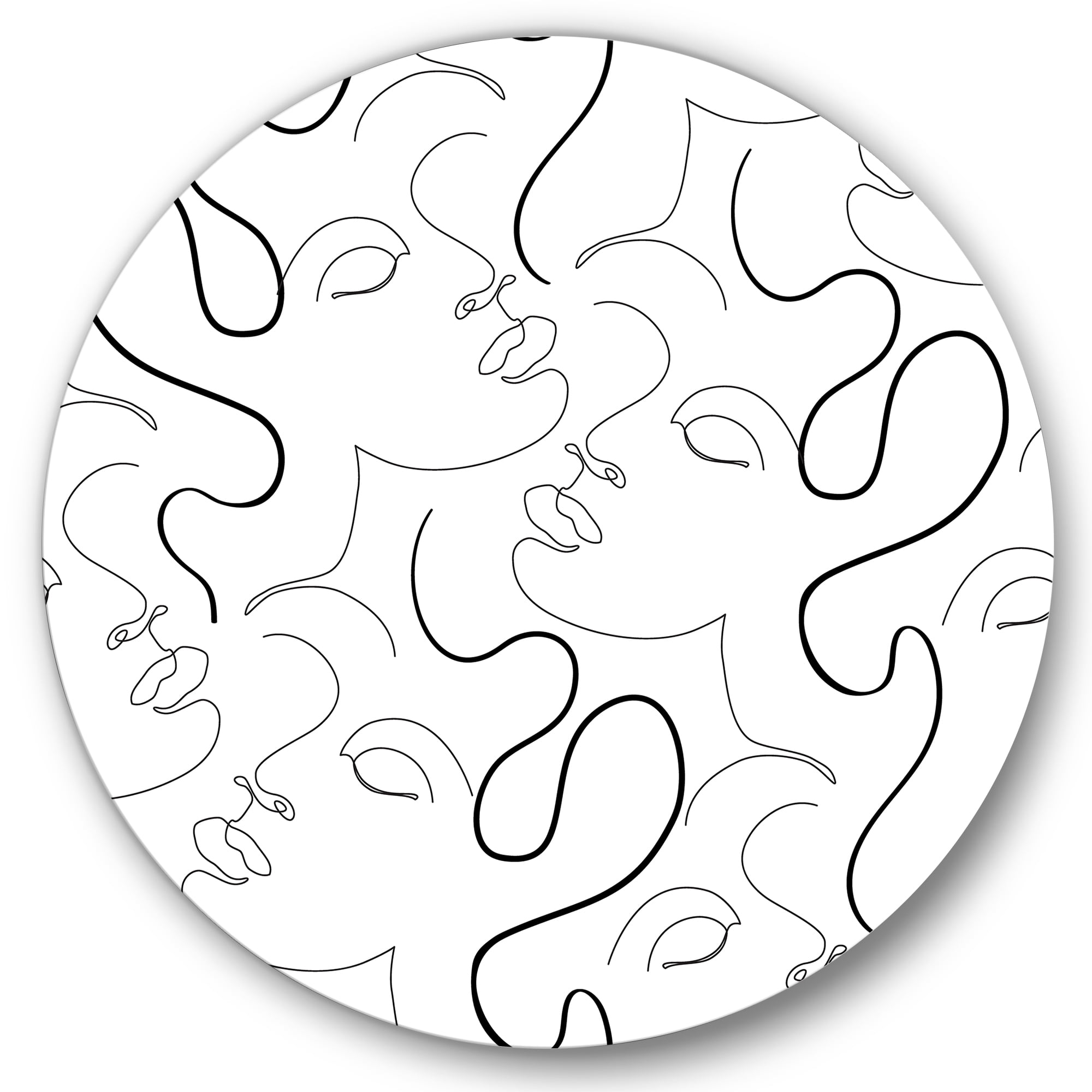 Designart 'Black and White One Line Drawing Portraits' Modern Circle Metal Wall Art 29x29 - Disc of 29