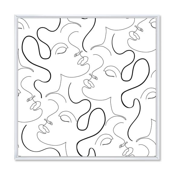 Designart 'Black and White One Line Drawing Portraits' Modern Framed Canvas Wall Art Print