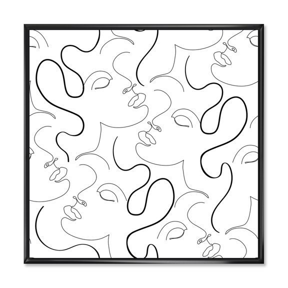 Designart 'Black and White One Line Drawing Portraits' Modern Framed Canvas Wall Art Print