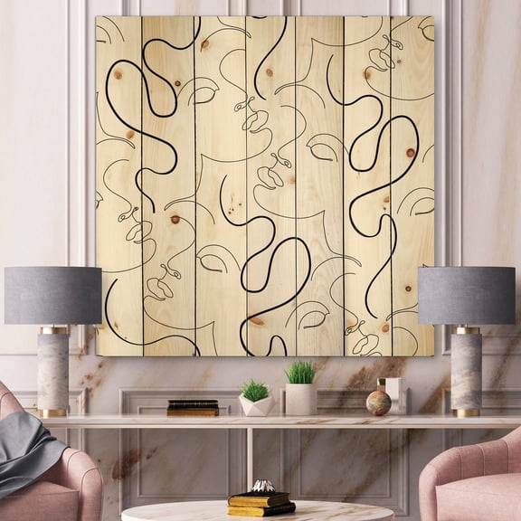 Designart 'Black and White One Line Drawing Portraits' Modern Print on Natural Pine Wood