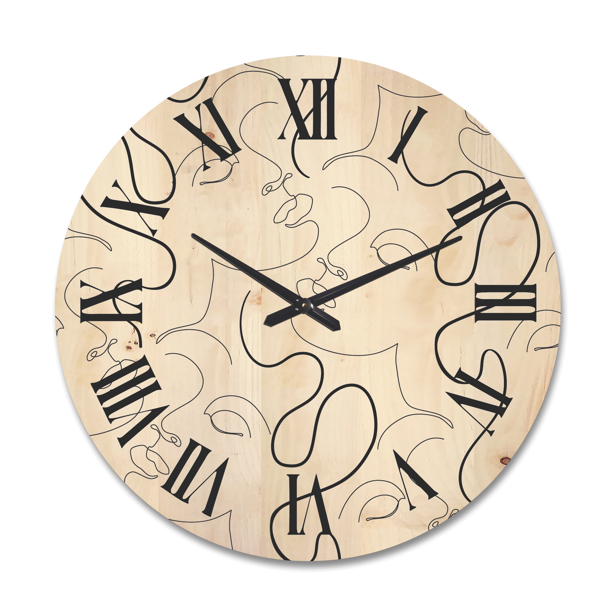 Designart 'Black and White One Line Drawing Portraits' Modern Wood Wall Clock