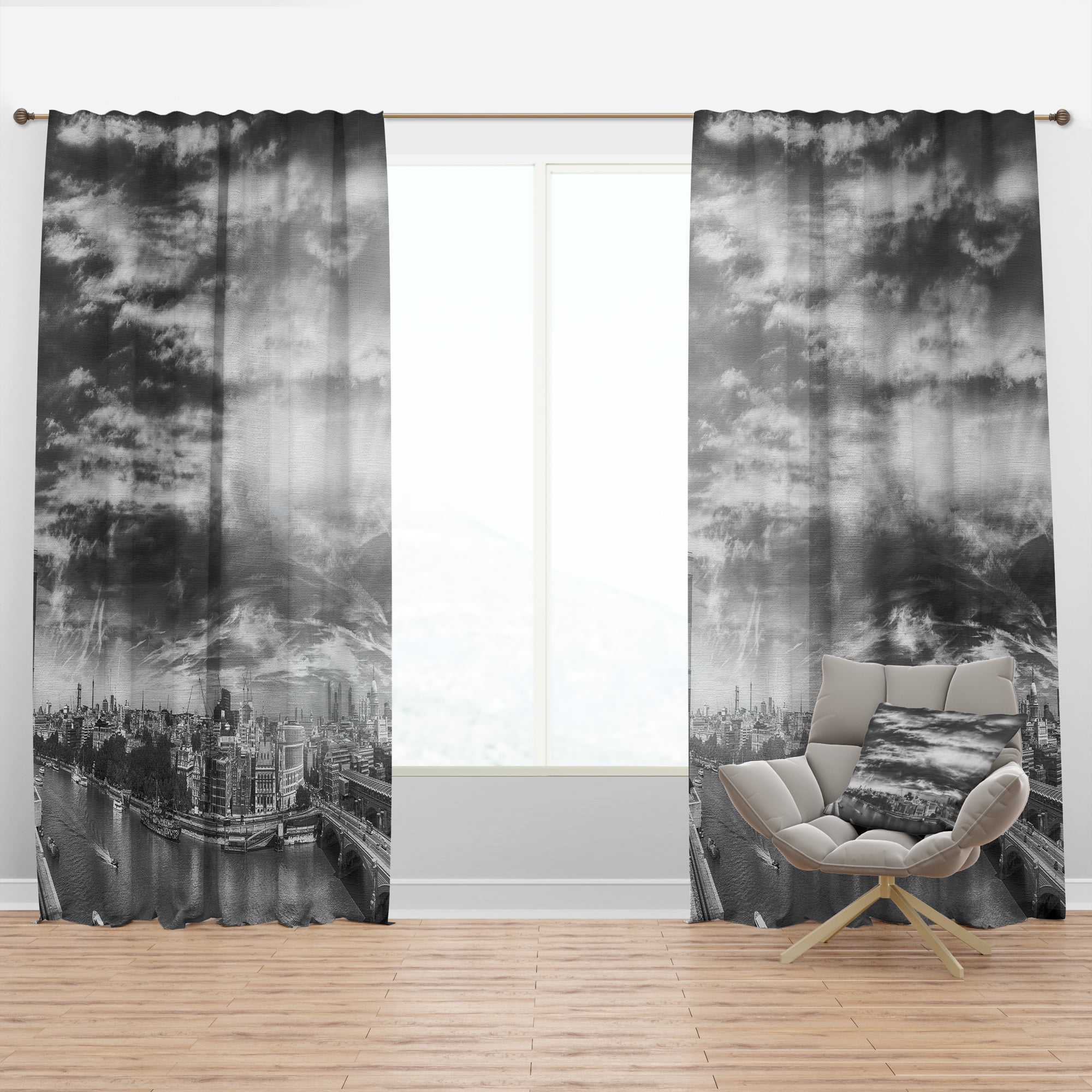 Designart 'Black and White Panoramic London' Cityscape Curtain Panel