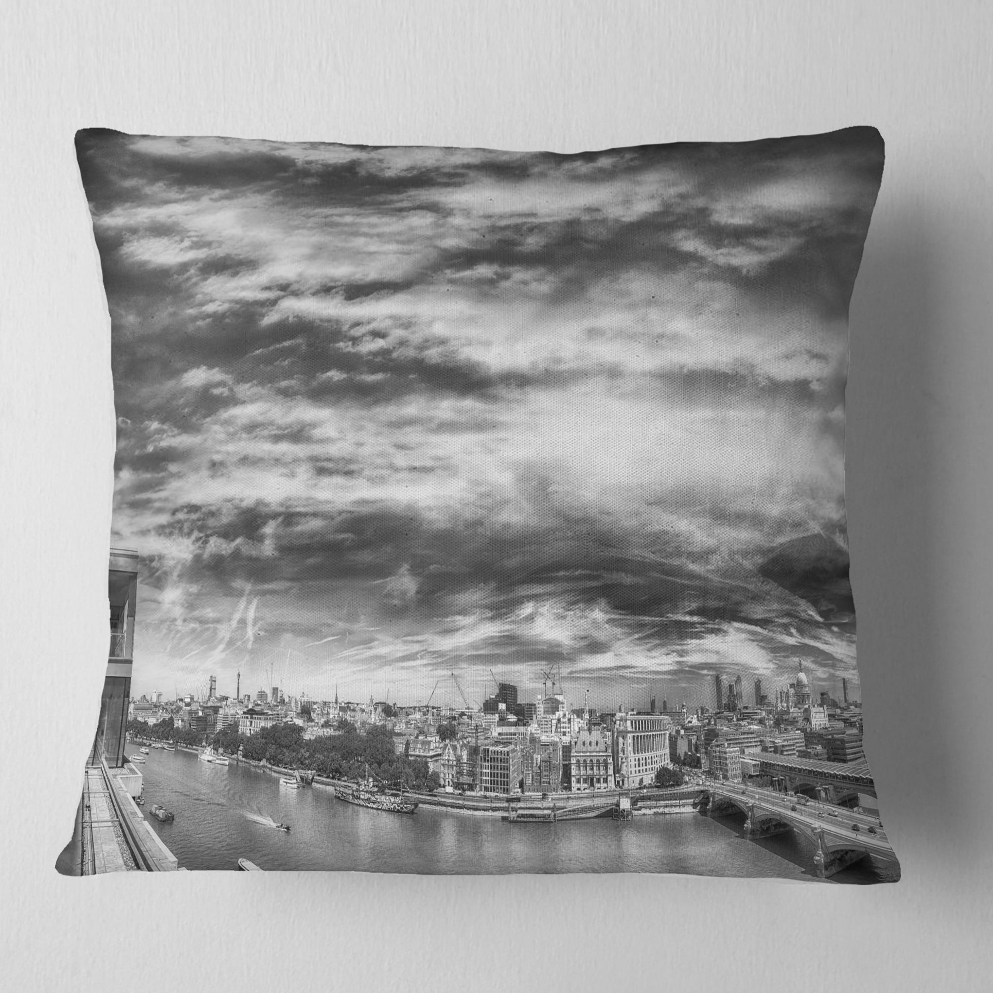 Designart Black and White Panoramic London - Cityscape Throw Pillow - 16x16