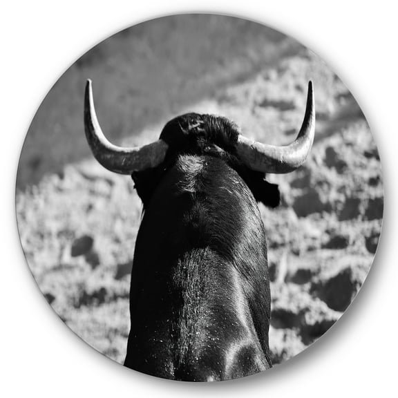 Designart 'Black and White Portrait Of A Spanish Bull II' Farmhouse Circle Metal Wall Art 36x36 - Disc of 36