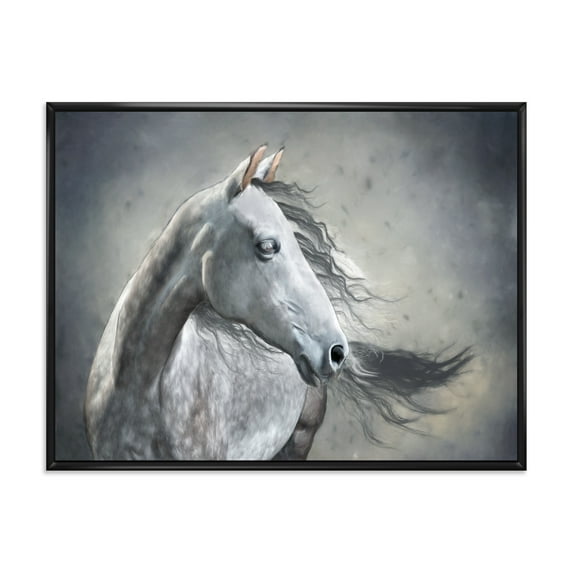 Designart 'Black and White Portrait Of A Wild Horse' Farmhouse Framed Canvas Wall Art Print