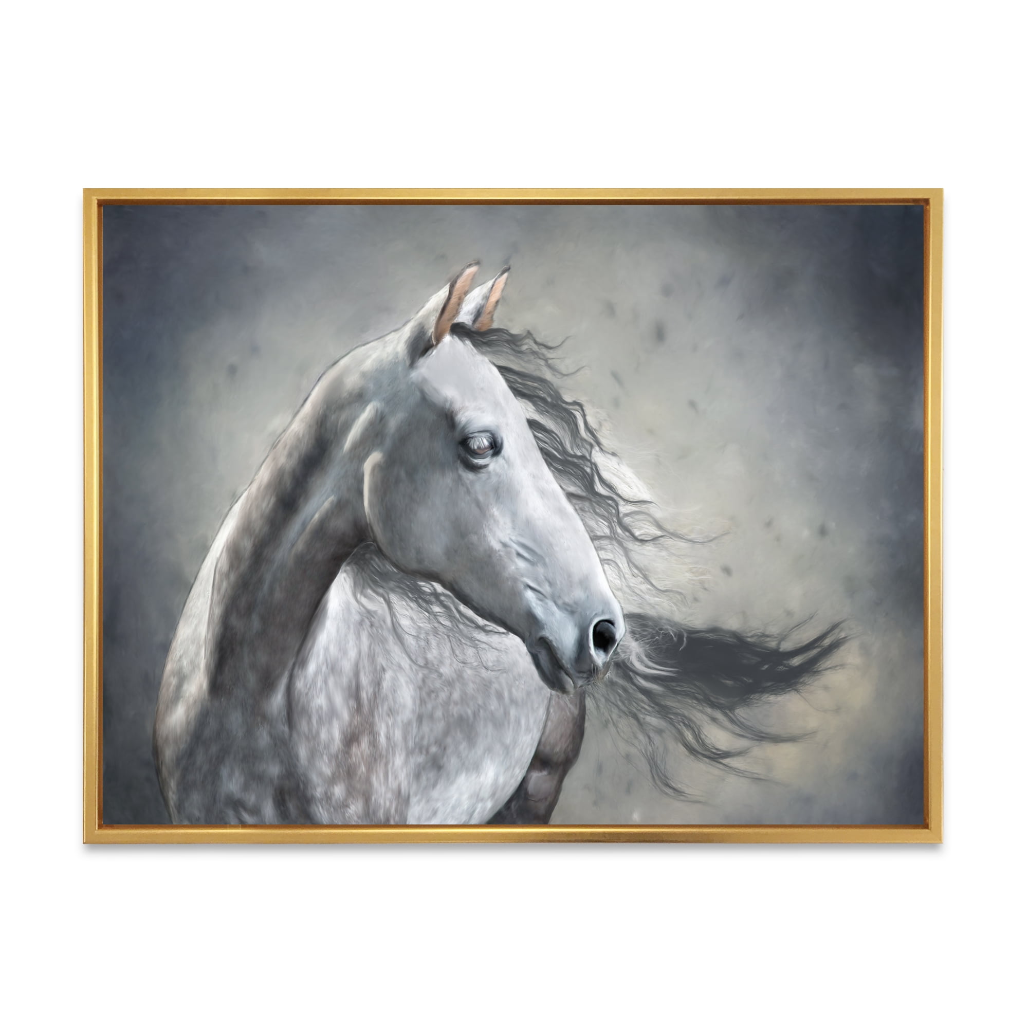 Designart 'Black and White Portrait Of A Wild Horse' Farmhouse Framed Canvas Wall Art Print