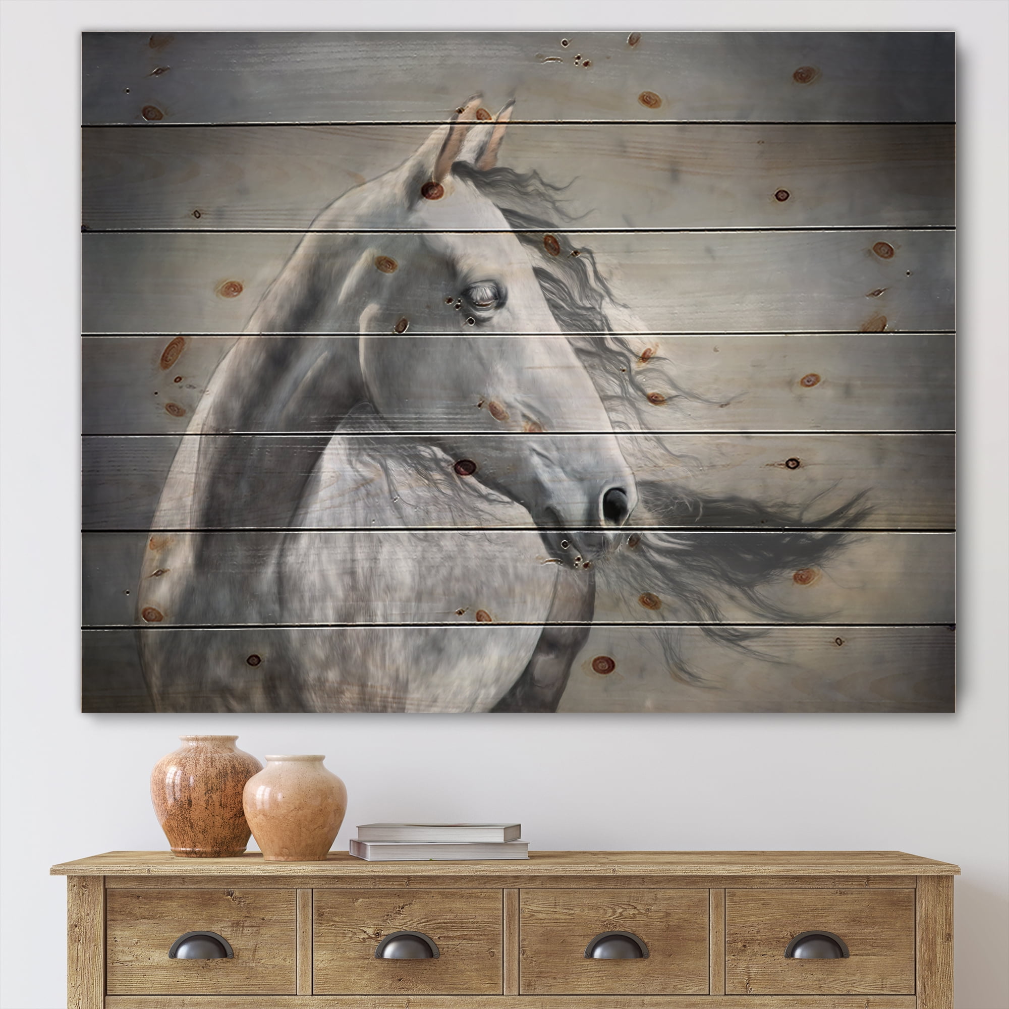 Designart 'Black and White Portrait Of A Wild Horse' Farmhouse Print on Natural Pine Wood