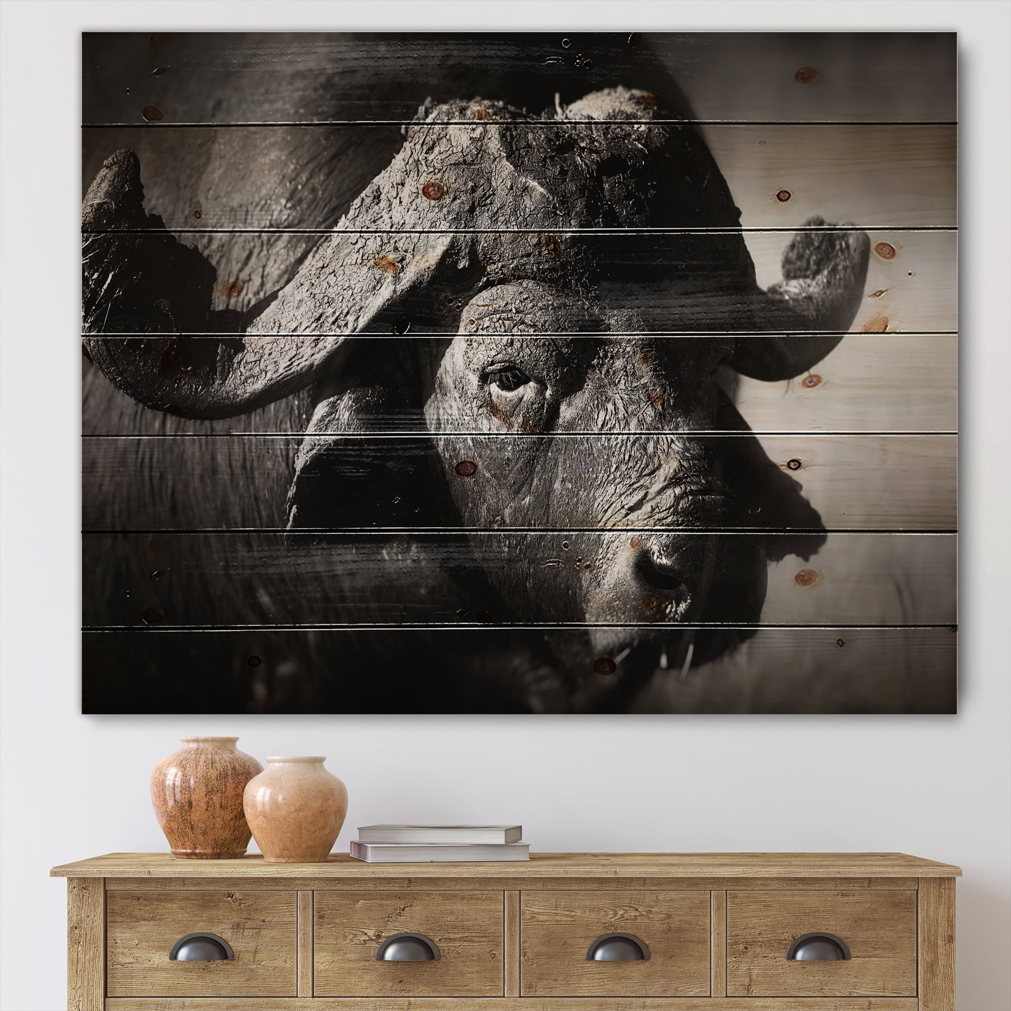 Designart 'Black and White Portrait Of Buffalo II' Farmhouse Print on Natural Pine Wood
