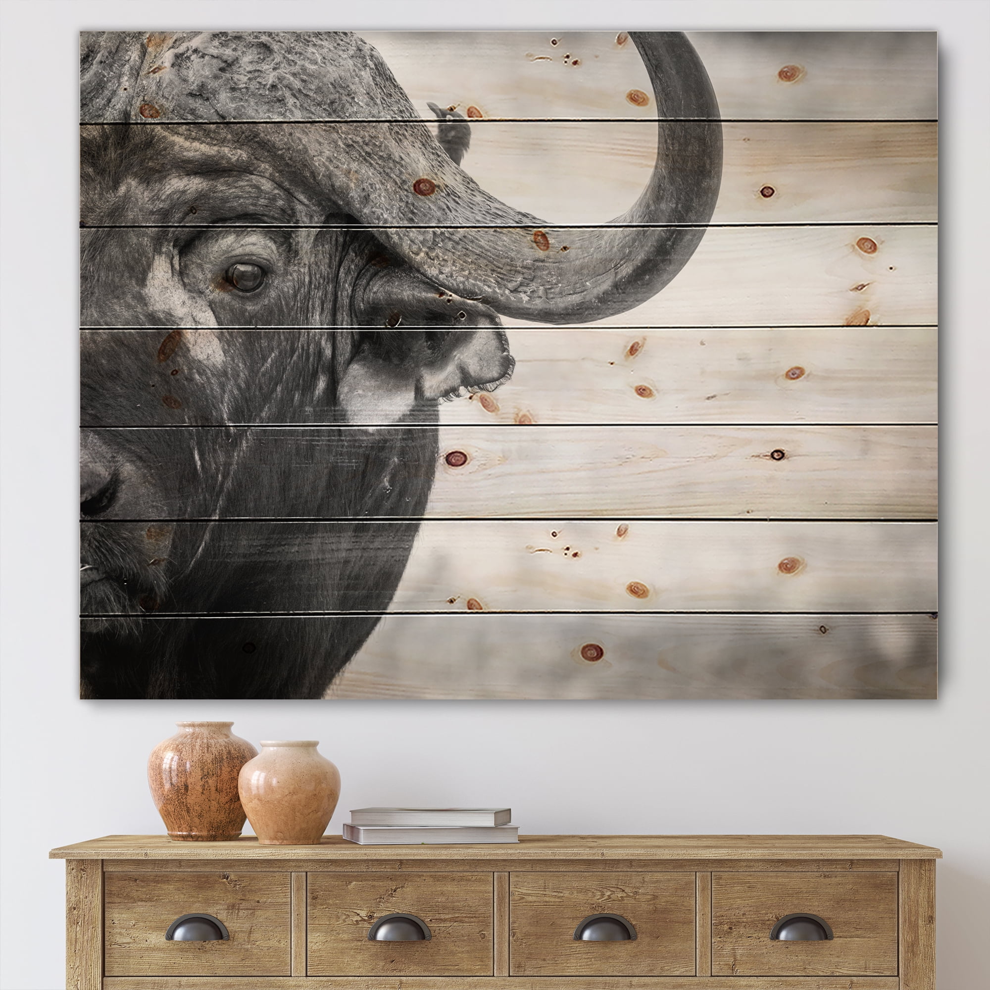 Designart 'Black and White Portrait Of Buffalo III' Farmhouse Print on Natural Pine Wood