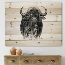 Designart 'Black and White Portrait Of Buffalo IV' Farmhouse Print on Natural Pine Wood