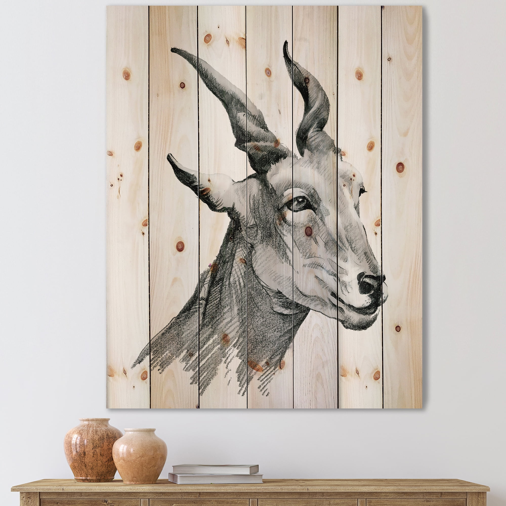 Designart 'Black and White Portrait Of Goat I' Farmhouse Print on Natural Pine Wood