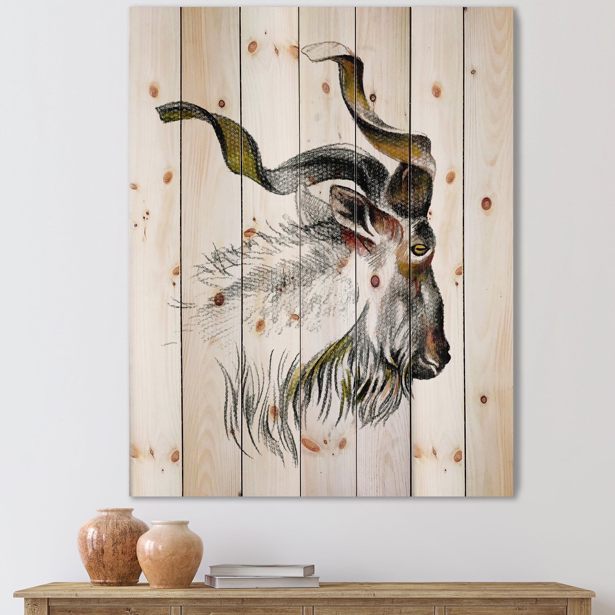 Designart 'Black and White Portrait Of Goat II' Farmhouse Print on Natural Pine Wood