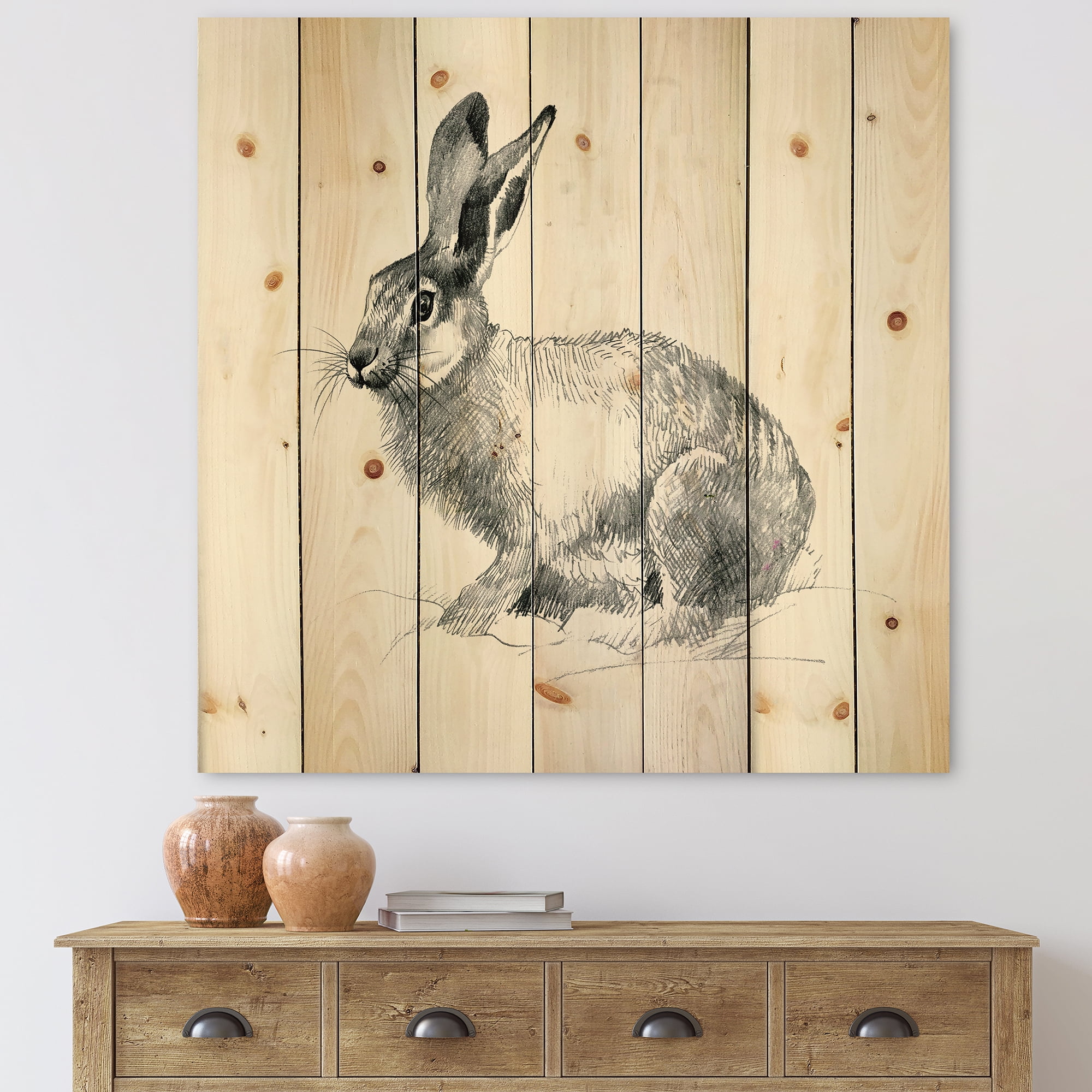 Designart 'Black and White Portrait Of Rabbit' Farmhouse Print on Natural Pine Wood