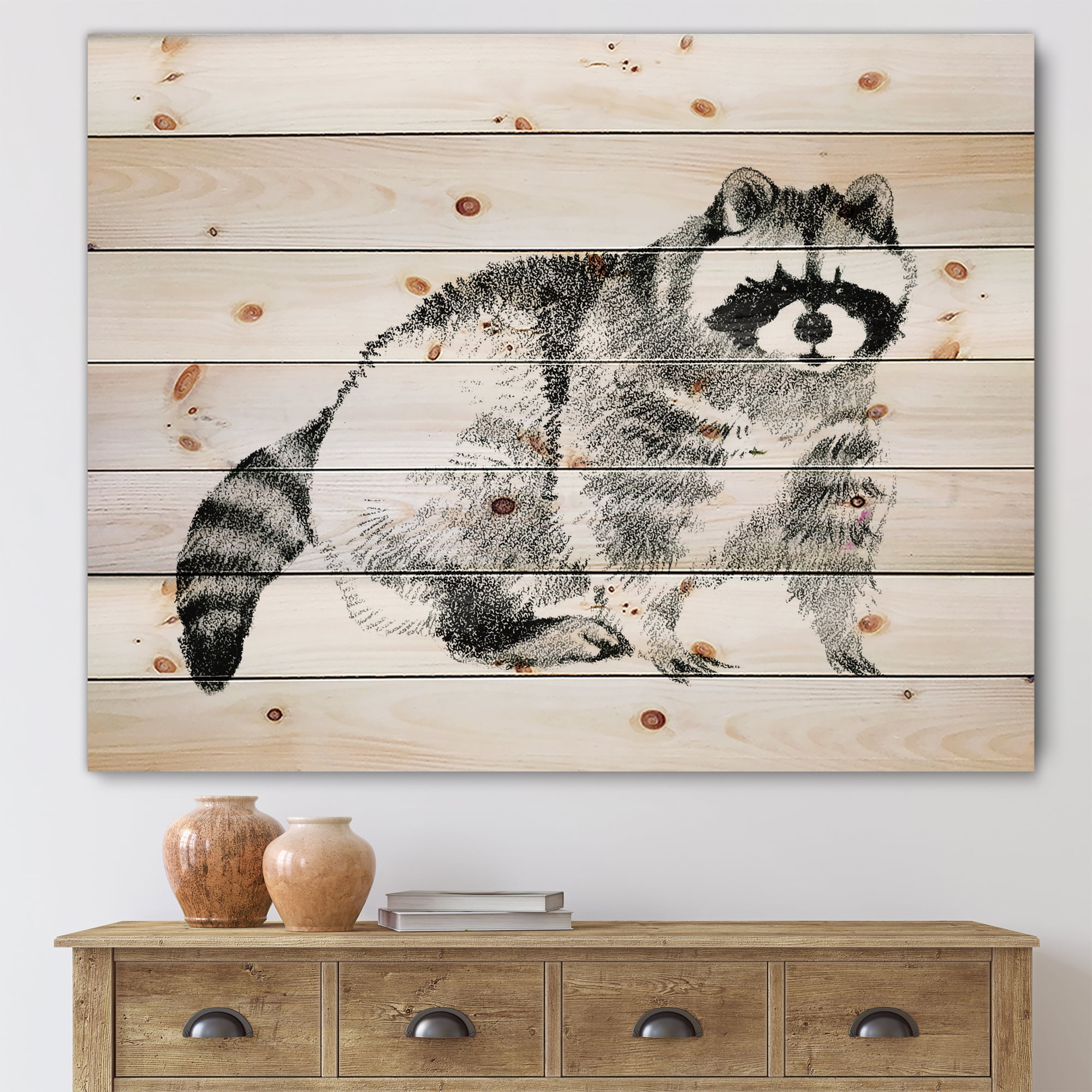 Designart 'Black and White Portrait Of Raccoon' Farmhouse Print on Natural Pine Wood