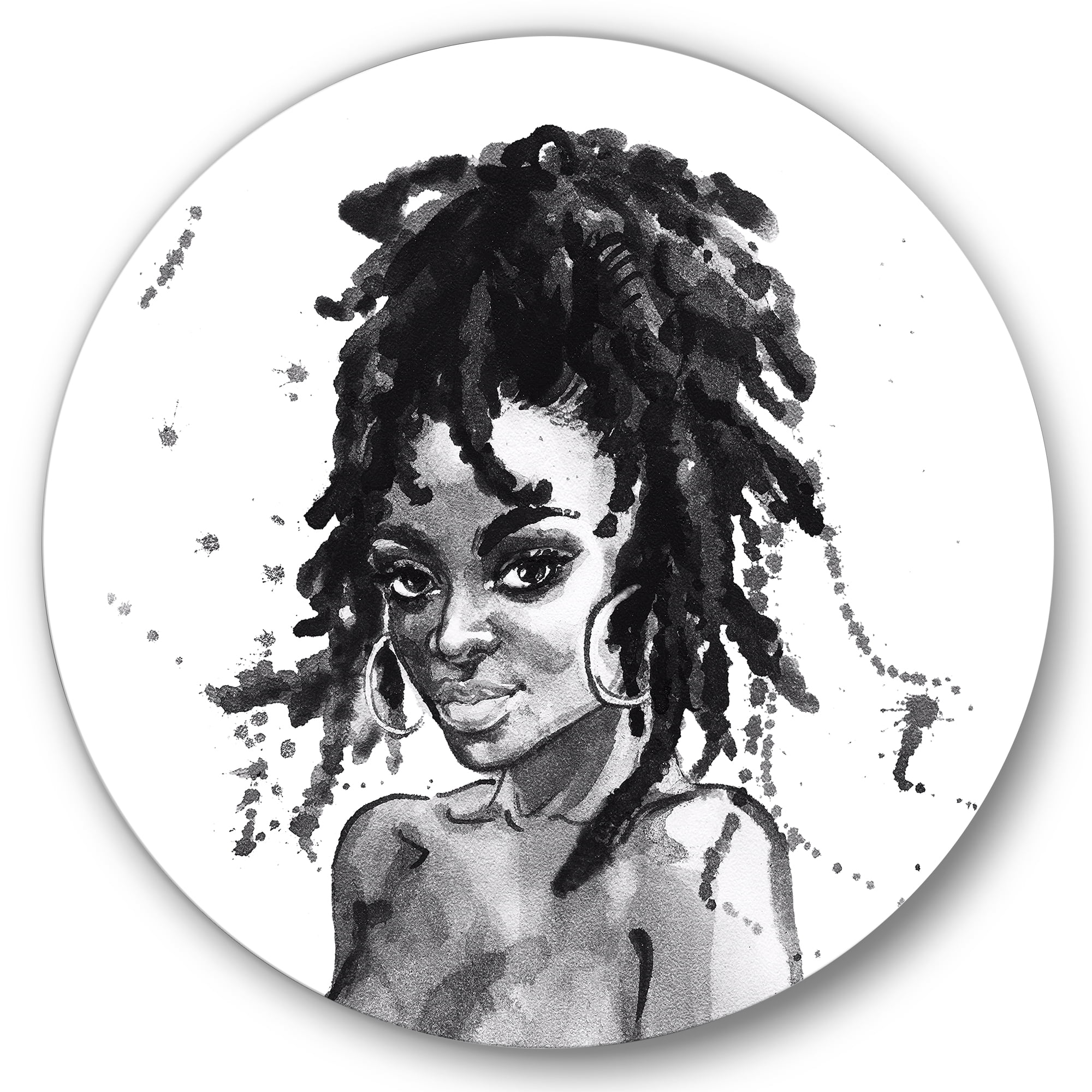 Designart 'Black and White Portrait of African American Woman II' Modern Circle Metal Wall Art 29x29 - Disc of 29