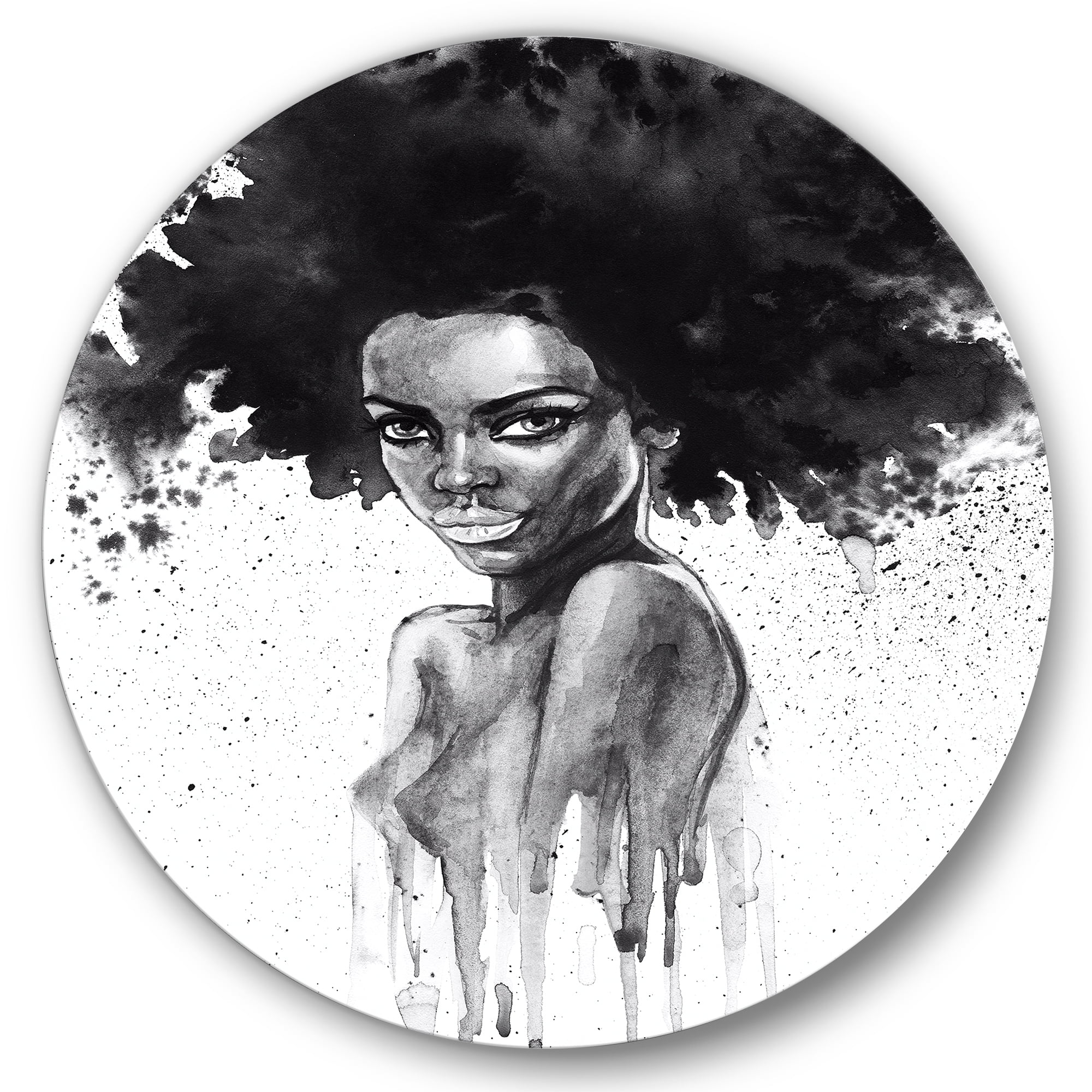 Designart 'Black and White Portrait of African American Woman III' Modern Circle Metal Wall Art 36x36 - Disc of 36