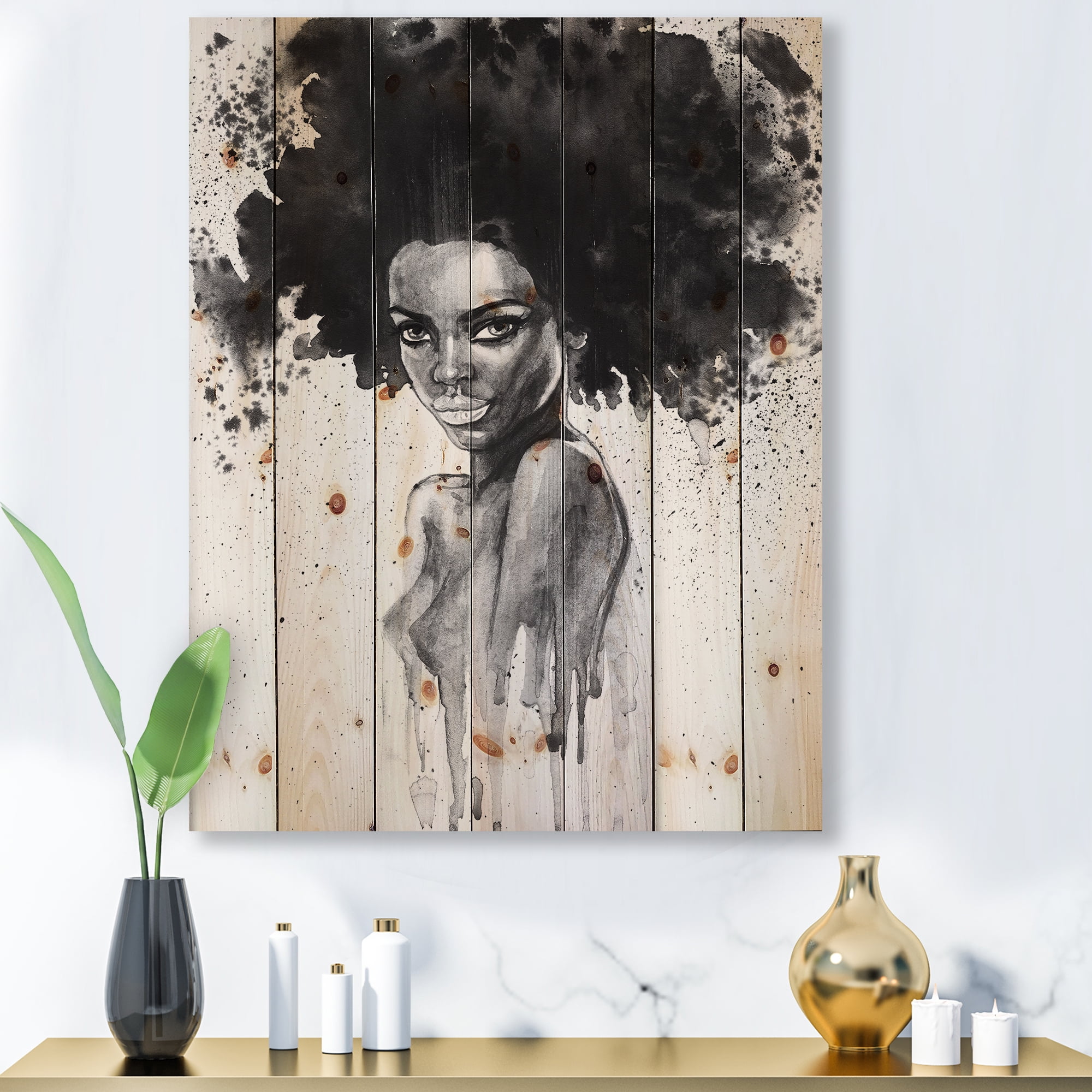 Designart 'Black and White Portrait of African American Woman III' Modern Print on Natural Pine Wood