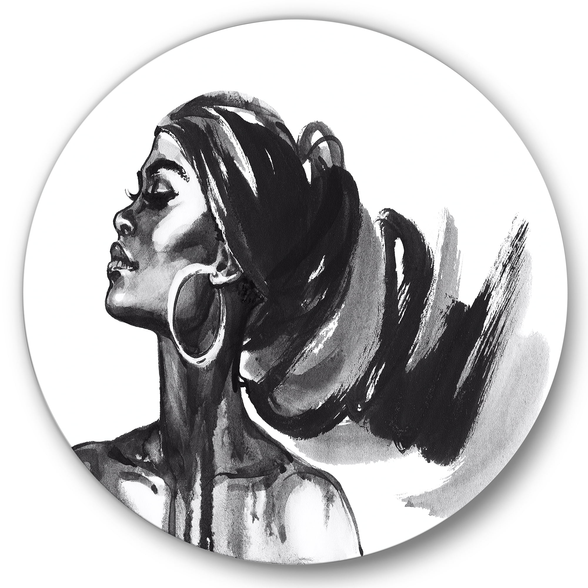 Designart 'Black and White Portrait of African American Woman IV' Modern Circle Metal Wall Art 36x36 - Disc of 36