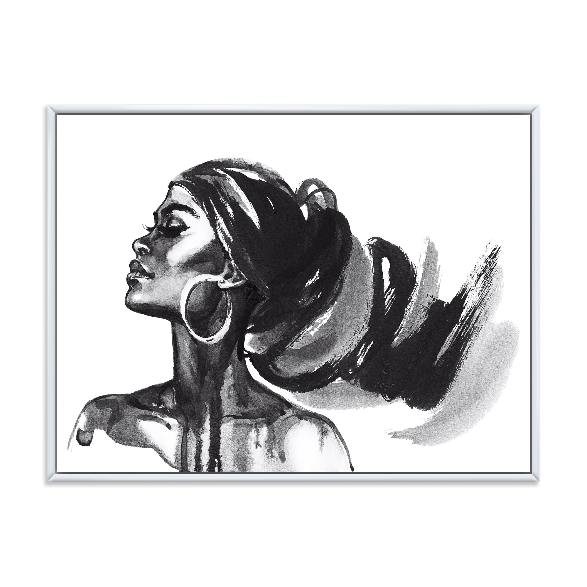 Designart 'Black and White Portrait of African American Woman IV' Modern Framed Canvas Wall Art Print
