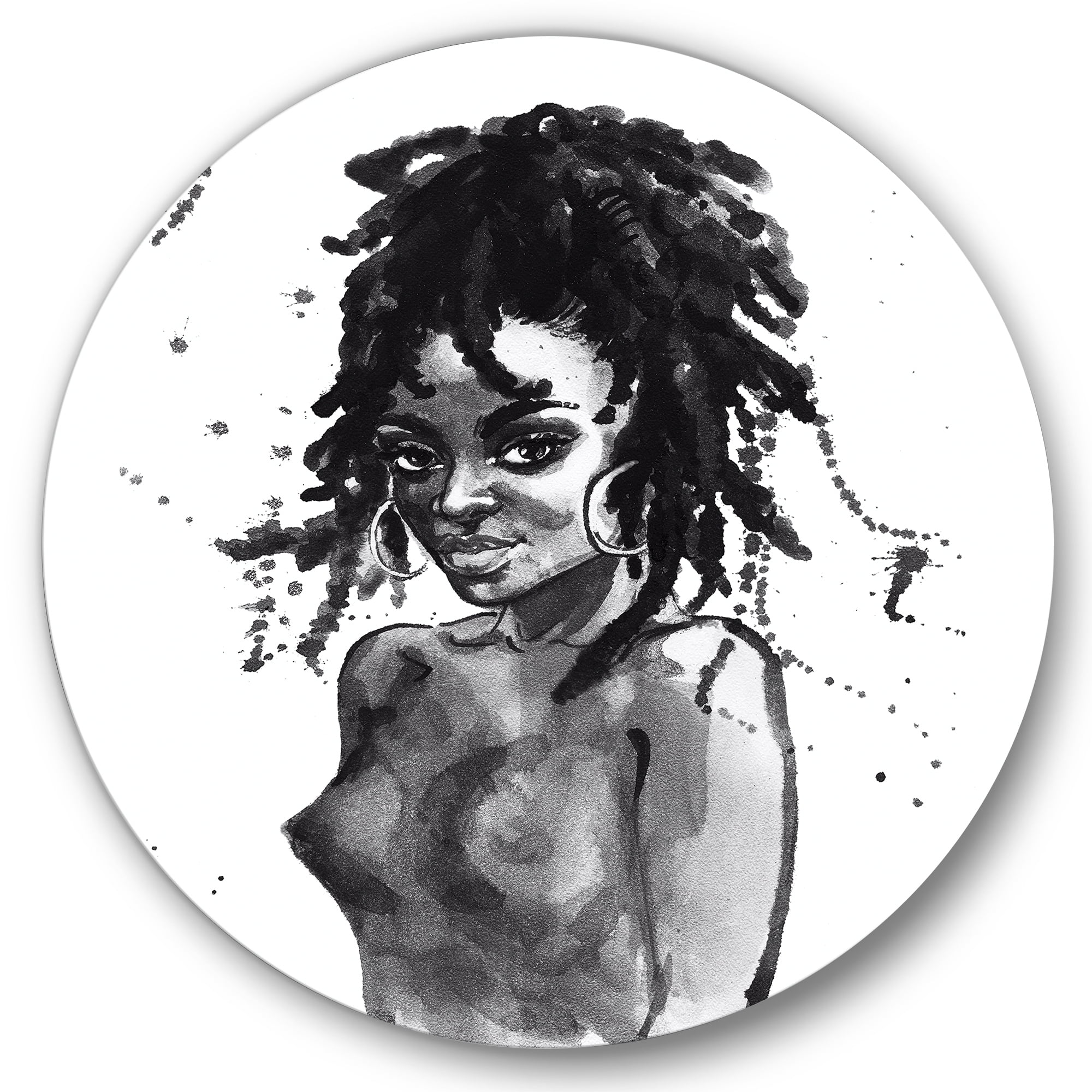 Designart 'Black and White Portrait of African American Woman V' Modern Circle Metal Wall Art 29x29 - Disc of 29