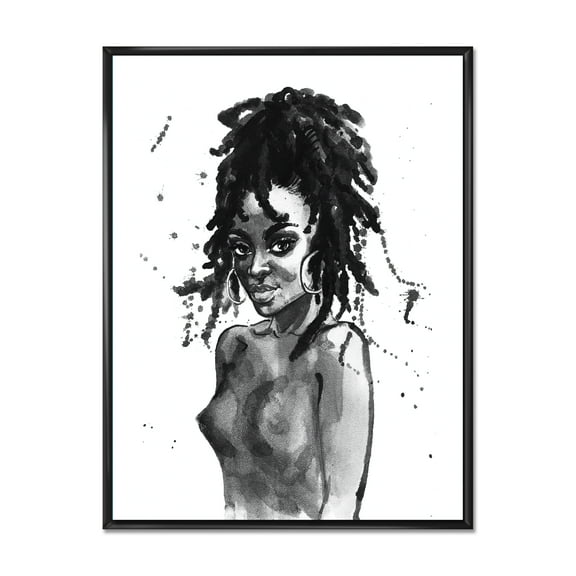 Designart 'Black and White Portrait of African American Woman V' Modern Framed Canvas Wall Art Print