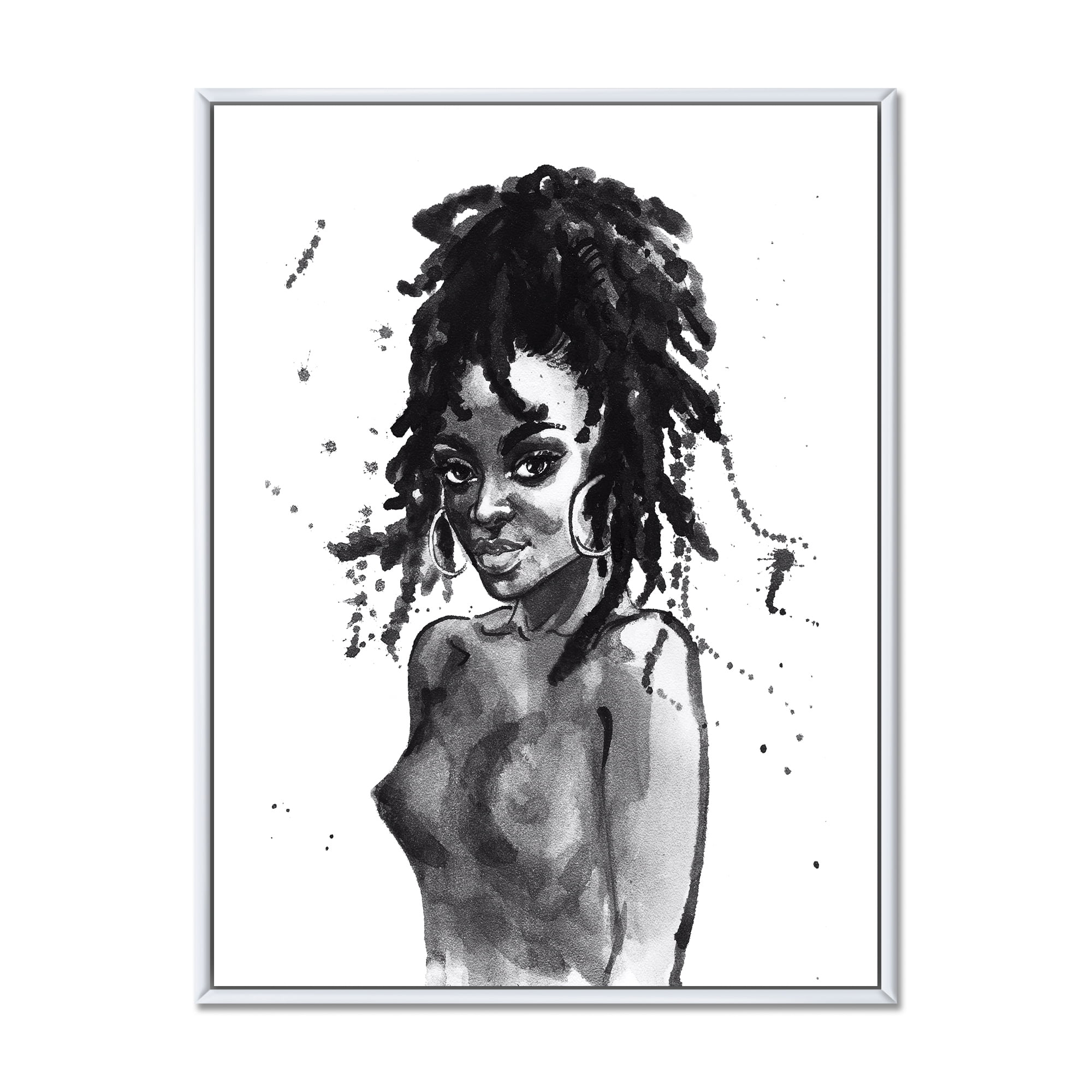 Designart 'Black and White Portrait of African American Woman V' Modern Framed Canvas Wall Art Print