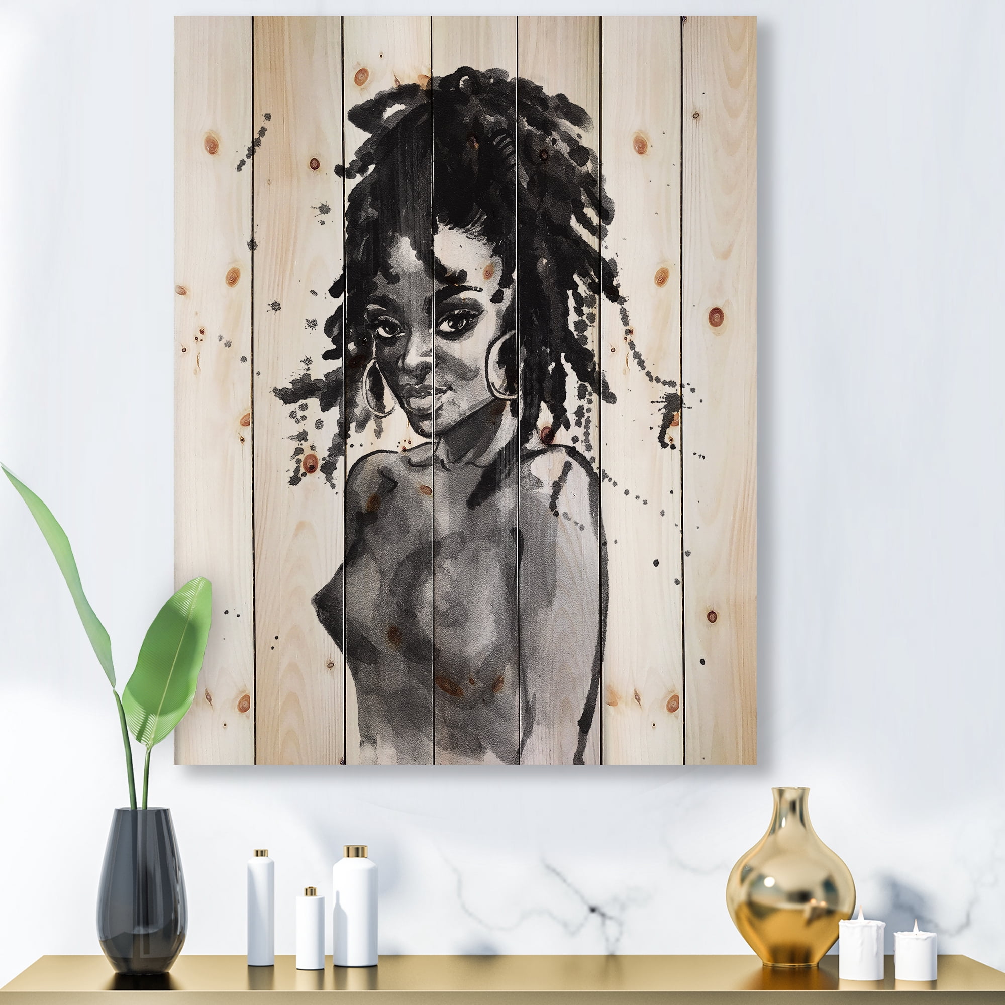 Designart 'Black and White Portrait of African American Woman V' Modern Print on Natural Pine Wood