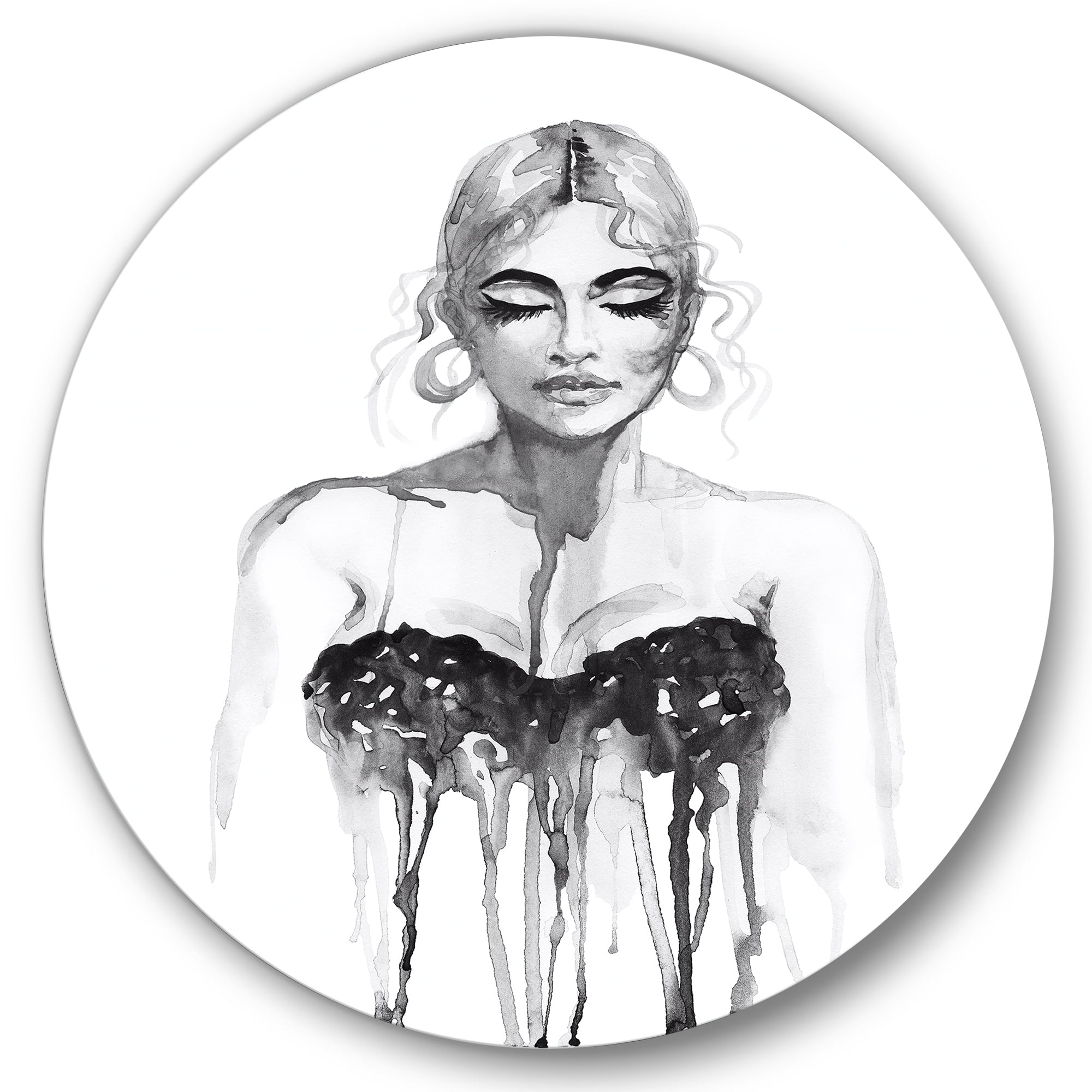 Designart 'Black and White Portrait of Woman Wearing Evening Dress' Modern Circle Metal Wall Art 29x29 - Disc of 29
