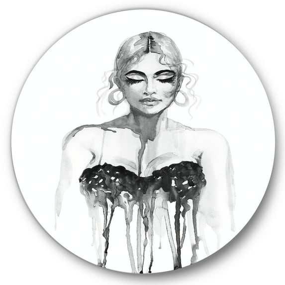 Designart 'Black and White Portrait of Woman Wearing Evening Dress' Modern Circle Metal Wall Art 36x36 - Disc of 36