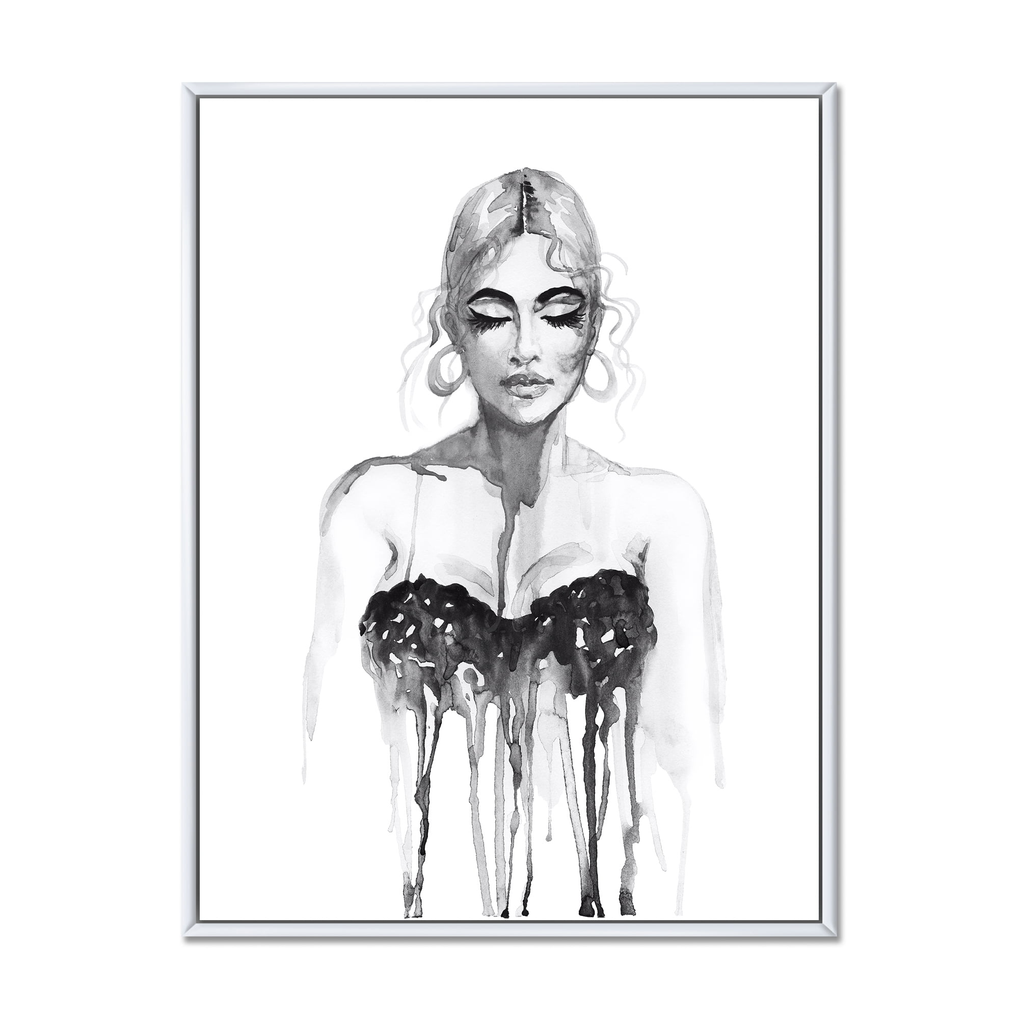 Designart 'Black and White Portrait of Woman Wearing Evening Dress' Modern Framed Canvas Wall Art Print