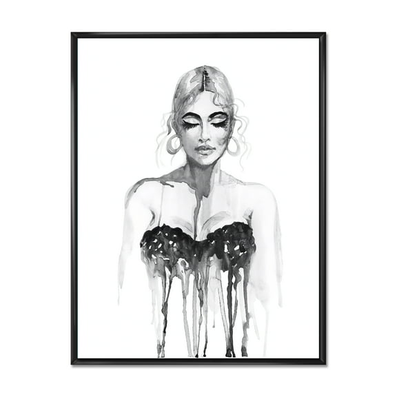 Designart 'Black and White Portrait of Woman Wearing Evening Dress' Modern Framed Canvas Wall Art Print