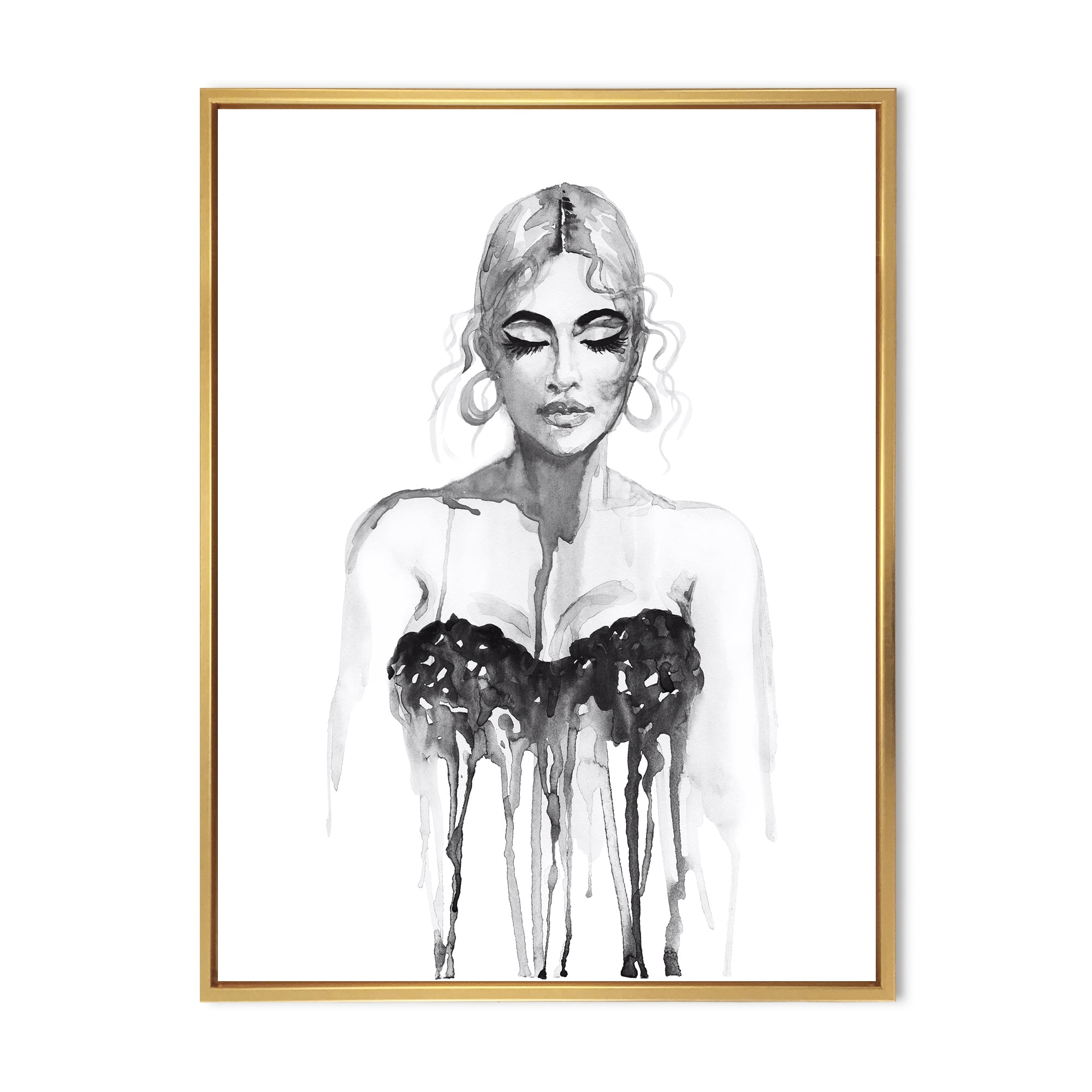 Designart 'Black and White Portrait of Woman Wearing Evening Dress' Modern Framed Canvas Wall Art Print