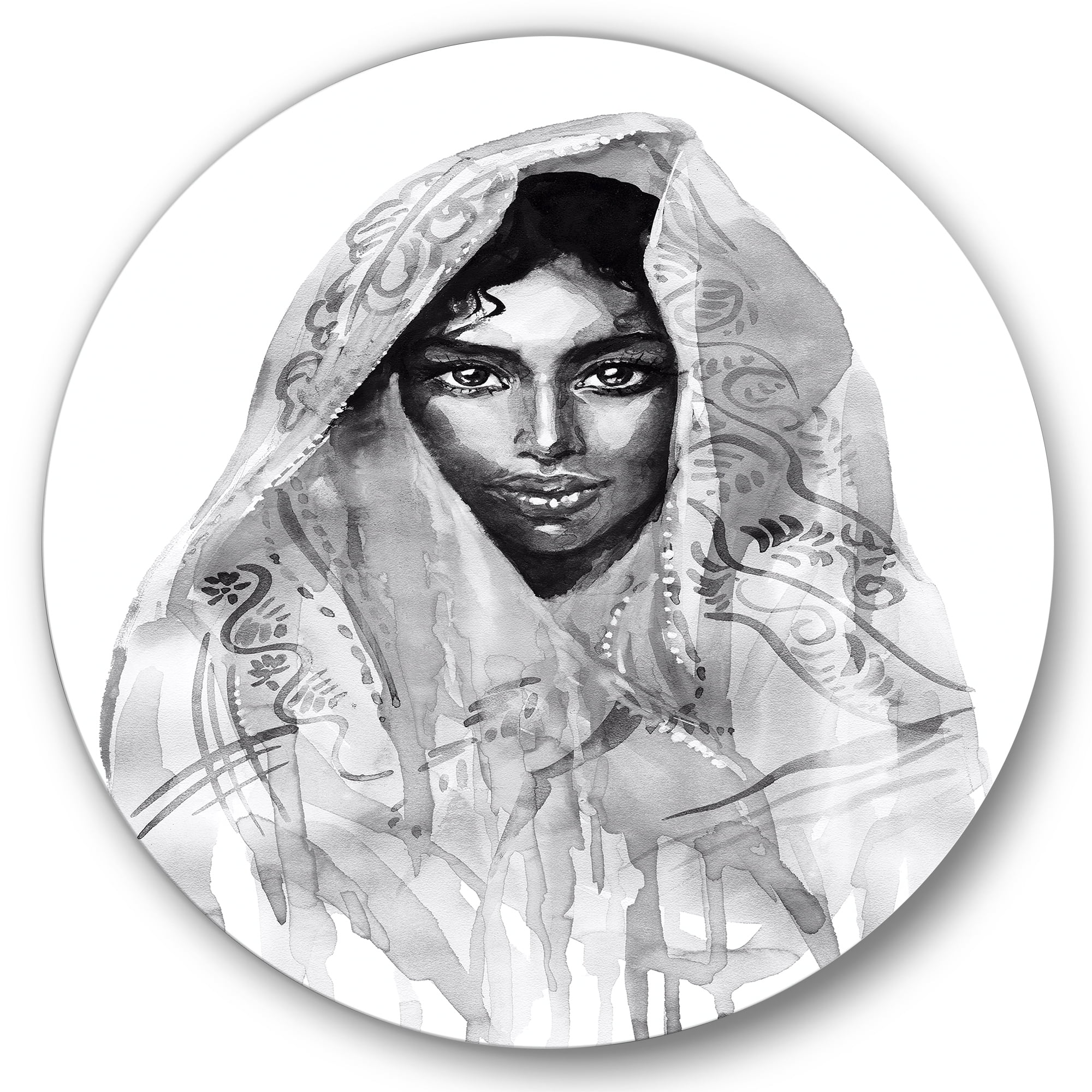 Designart 'Black and White Portrait of Young Indian Woman I' Modern Circle Metal Wall Art 29x29 - Disc of 29