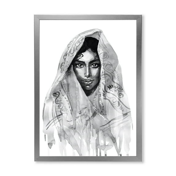 Designart 'Black and White Portrait of Young Indian Woman I' Modern Framed Art Print