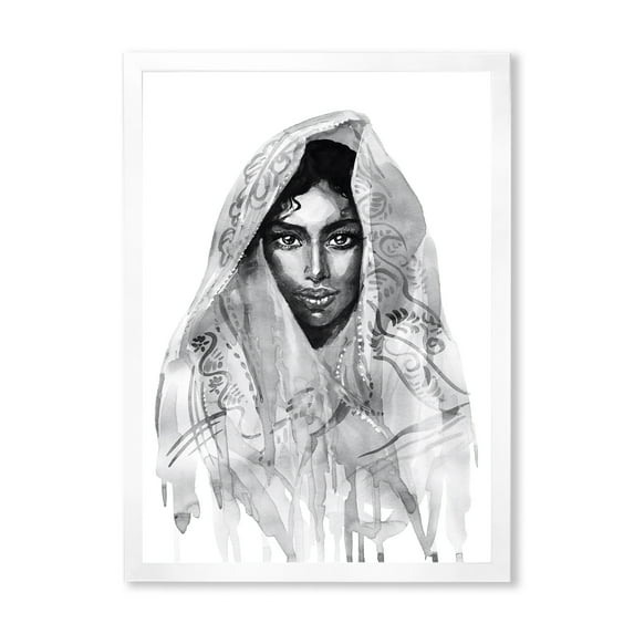 Designart 'Black and White Portrait of Young Indian Woman I' Modern Framed Art Print