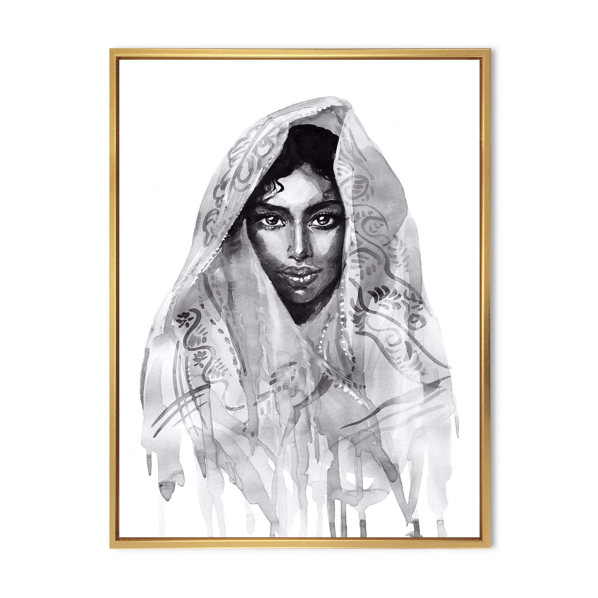 Designart 'Black and White Portrait of Young Indian Woman I' Modern Framed Canvas Wall Art Print
